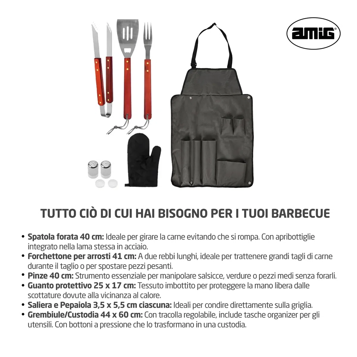 Amig - Grembiule barbecue con 7 accessori - Acciaio inossidabile - Set utensili BBQ - Con tasche - Accessori pratici e presentazione curata per regalo - Mod. AM17
