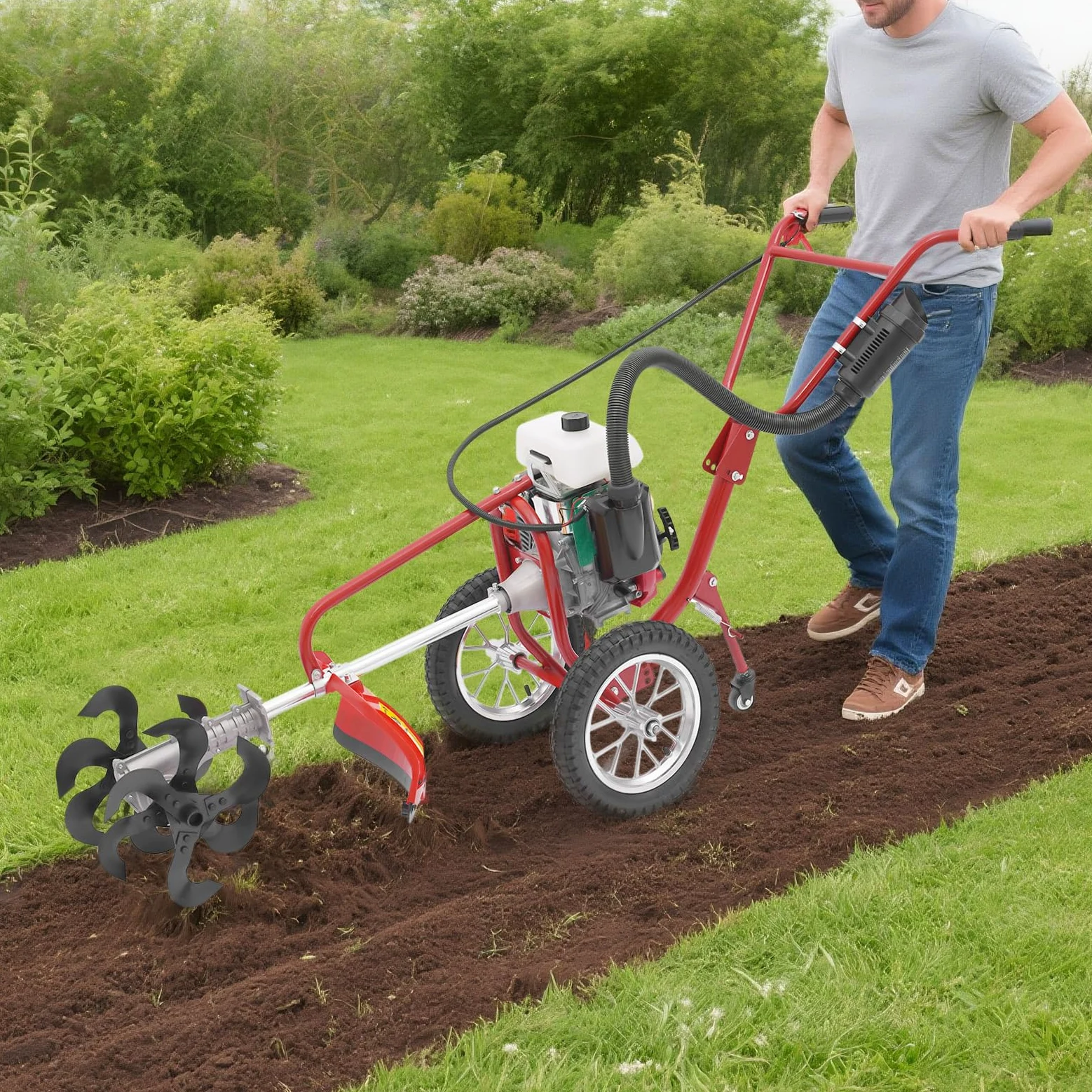 Motozappa a benzina, mini fresa da giardino a benzina, 63 cm³, micro motozappa con motore a benzina a 4 tempi, microcoltivatore compatto – con profondità di 10 cm per parchi, giardini