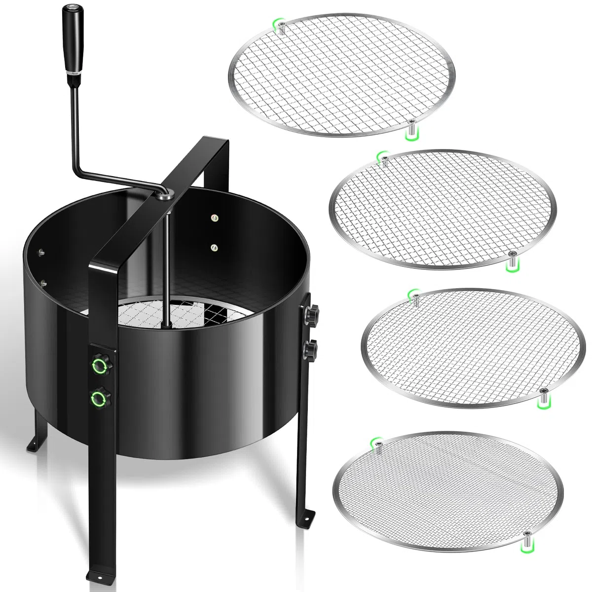 Upgrade - Colino a manovella 5 in 1, in metallo, Ø 30 cm, con 4 setacci (3/6/9/12 mm), efficace filtro per terra, pietre, sabbia, compost, erbacce, filtri intercambiabili per giardinaggio