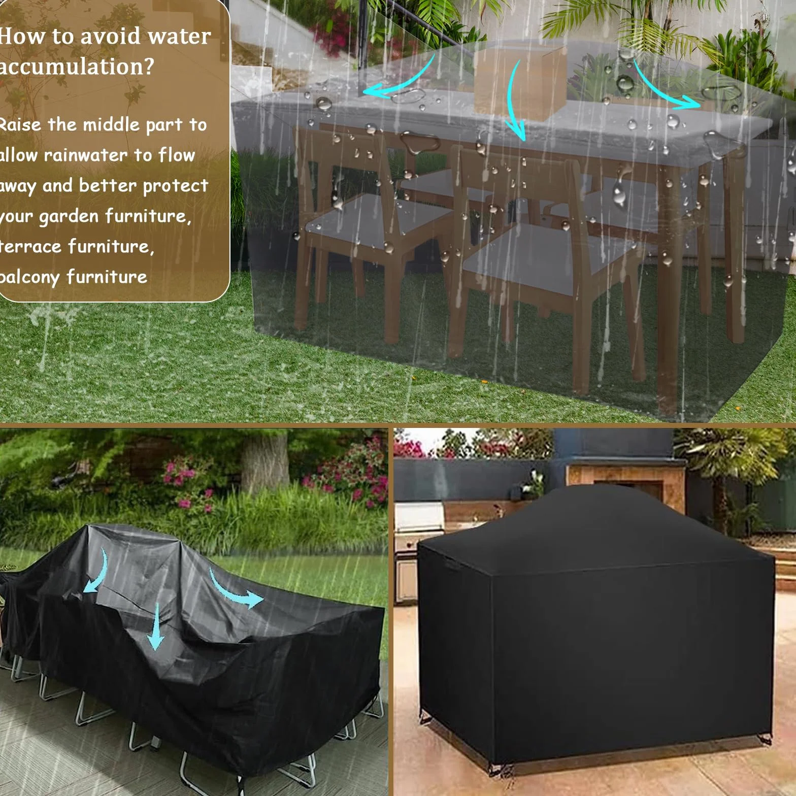 Coperture per Mobili da Giardino 150x100x80cm/L x P x A 420D Oxford Copertura da Tavolo da Esterno Telo Copri Tavoli da Terrazza Rettangolo Impermeabile Antivento Antineve Telo Protettivo Esterno