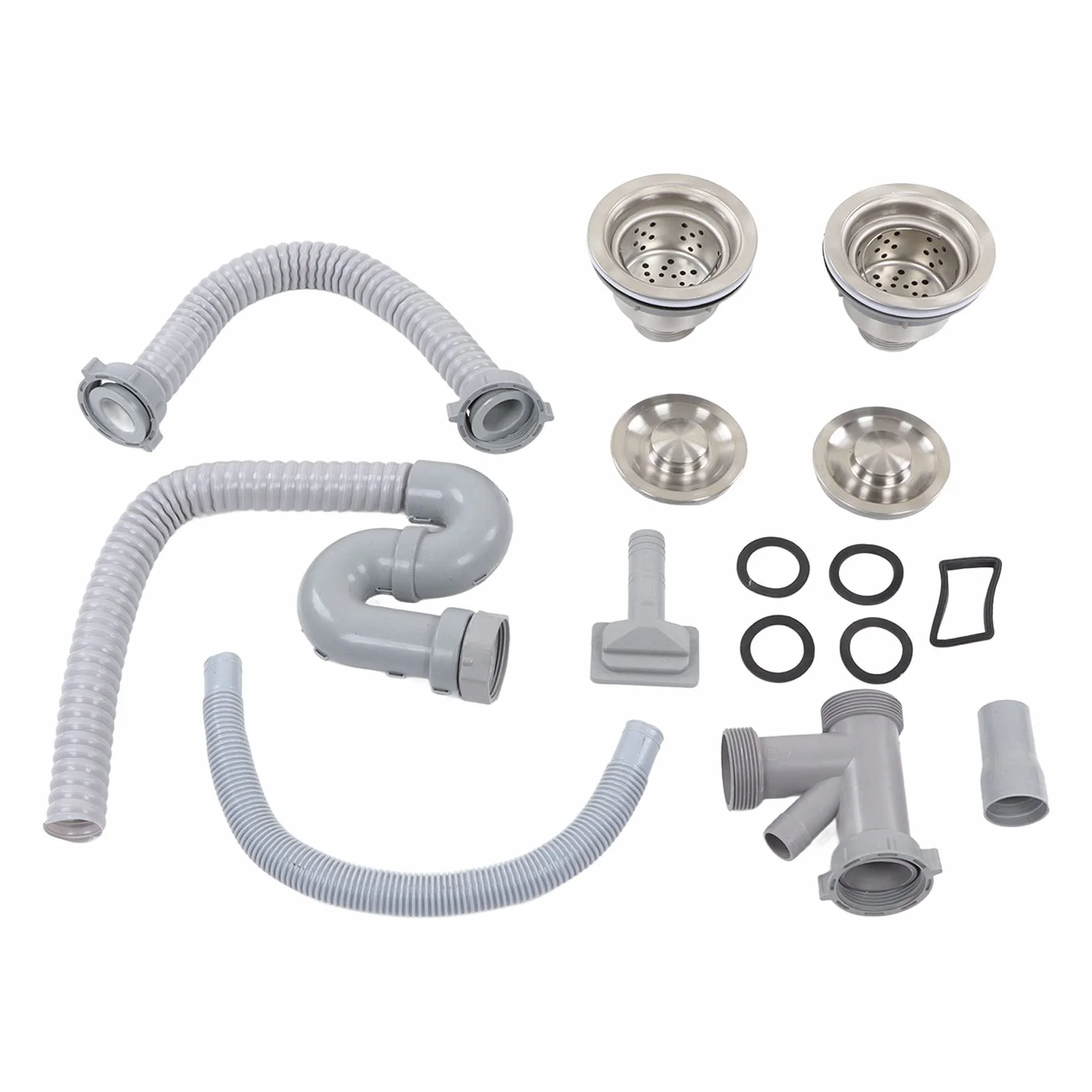 Set di Tubi Scolapiatti in Acciaio Inox per Lavello da e Bagno, Tubo di Scarico Flessibile con Doppio Sifone, di Drenaggio per Lavandino di Casa