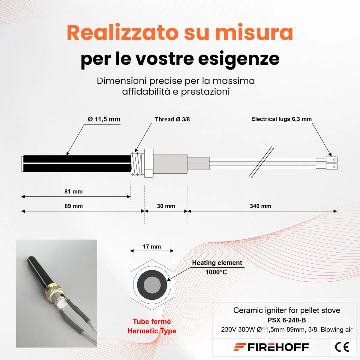 Candela ceramica per stufa a pellet NORDICA EXTRAFLAME/SKIA/RAVELLI/DAL ZOTTO – PSx 6-240-B – 300W, Ø11,55mm, 89mm, Modello non forato – Pezzo originale OEM GIAPPONE – GARANZIA 2 ANNI