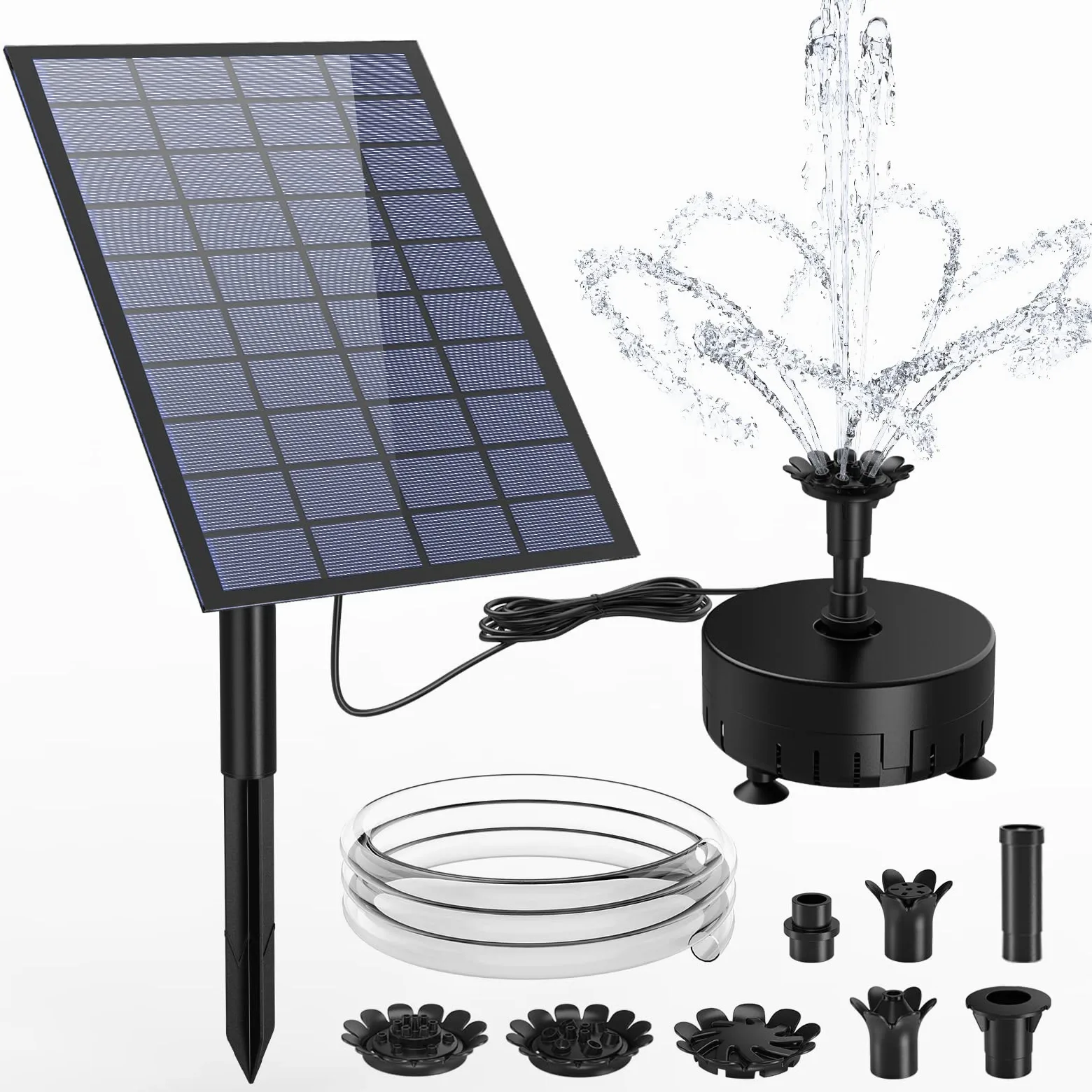 AMZtime 7W Pompa Fontana Solare, Fai Da Te Bagno per Uccelli Fontana Solare, con Ugelli Rotanti, Pali di Terra e 1.5M Tubo, 15 Effetti di Spruzzo D'acqua, Adatto per Giardino, Stagno, Piscina