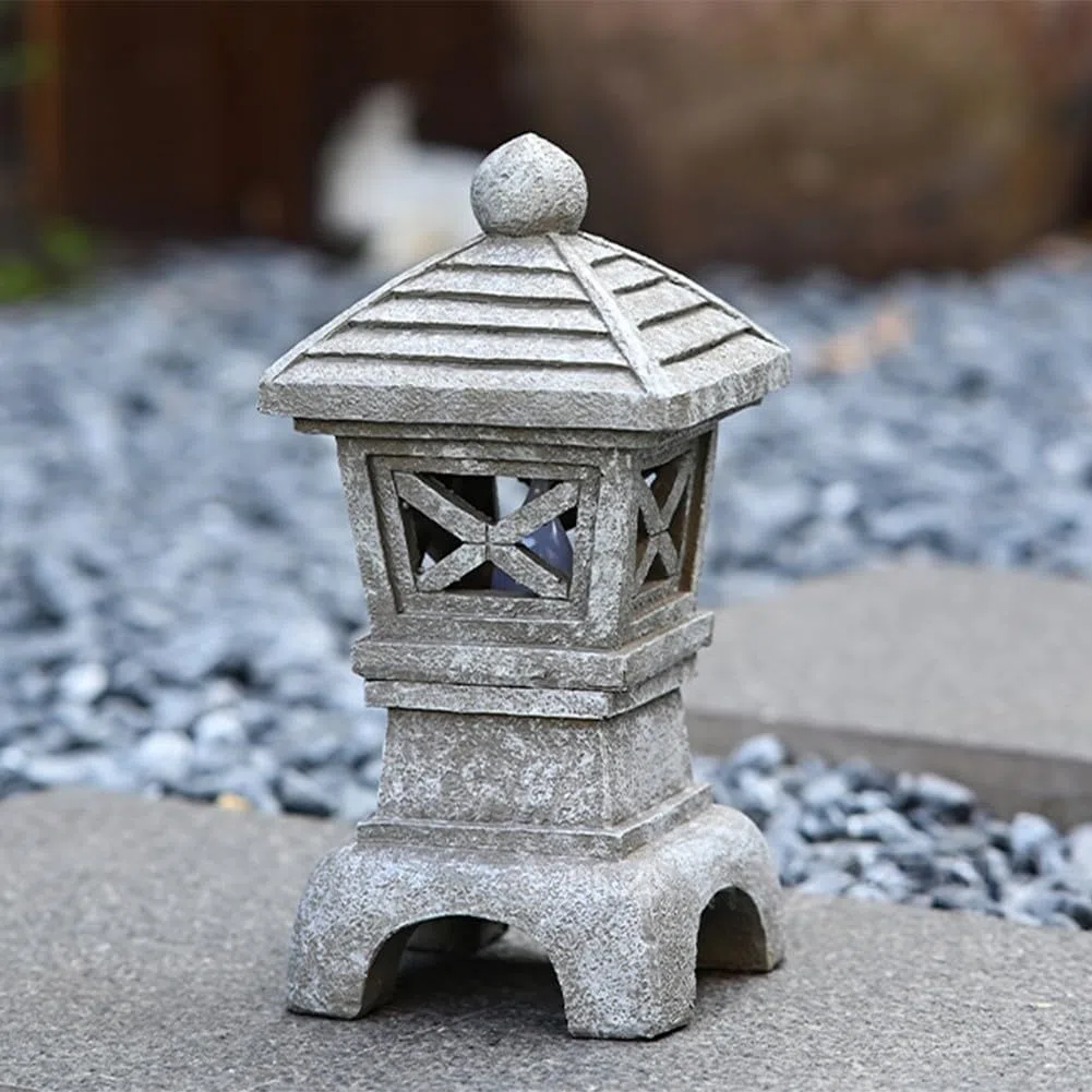 Lanterna a pagoda ad energia solare, statua da giardino zen in resina, torre giapponese in pietra per esterni, luce decorativa per cortile resistente alle intemperie, per illuminazione paesaggistica