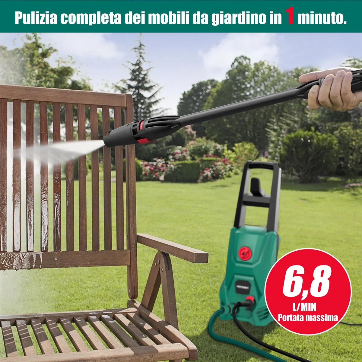 HYCHIKA Idropulitrice, 110 Bar Max Portata 410 l/h 1500W Lavatrice Portatile per con Serbatoio di Schiuma, Tubo Flessibile ad alta Pressione 5m, Cavo 5m, perfetta per Recinzione Auto Cortile