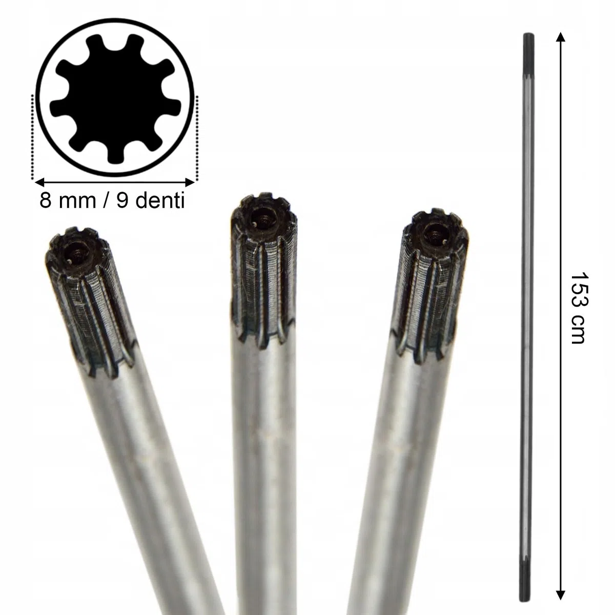 Asta di Trasmissione | per Decespugliatore | Lunghezza totale 153 cm | Diametro Ø8 mm | 9 Denti | in Acciaio Temprato | Pezzo di Ricambio