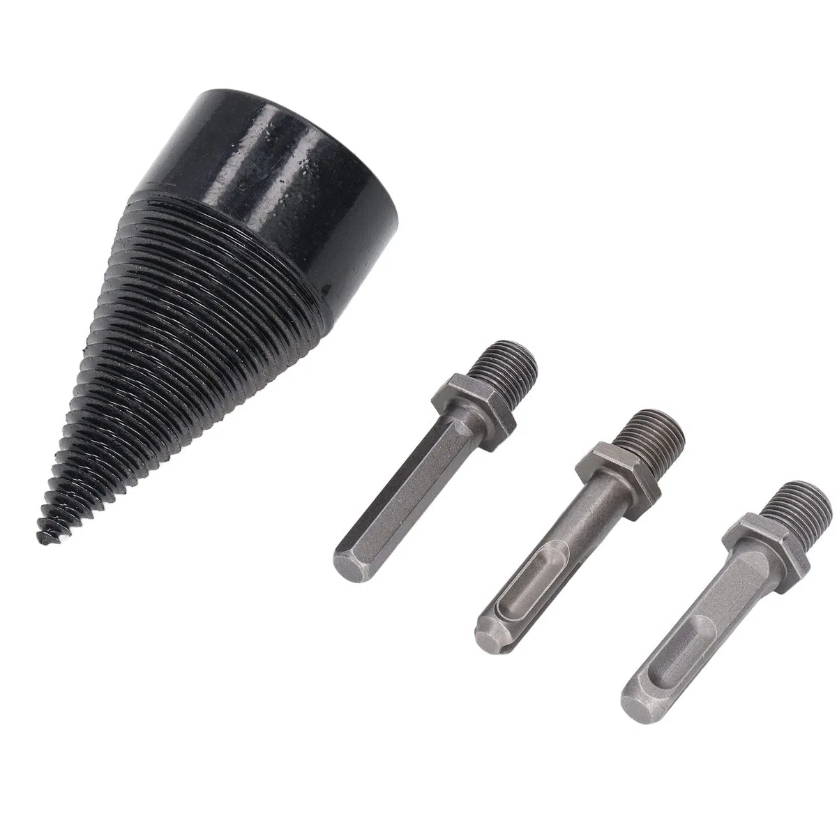 Punta Trapano per Spaccare Legna, acciaio al carbonio resistente con 3 aste removibili (quadrata, rotonda, esagonale) e design conico antiatrito, Punta Trapano per Spaccare Legna,