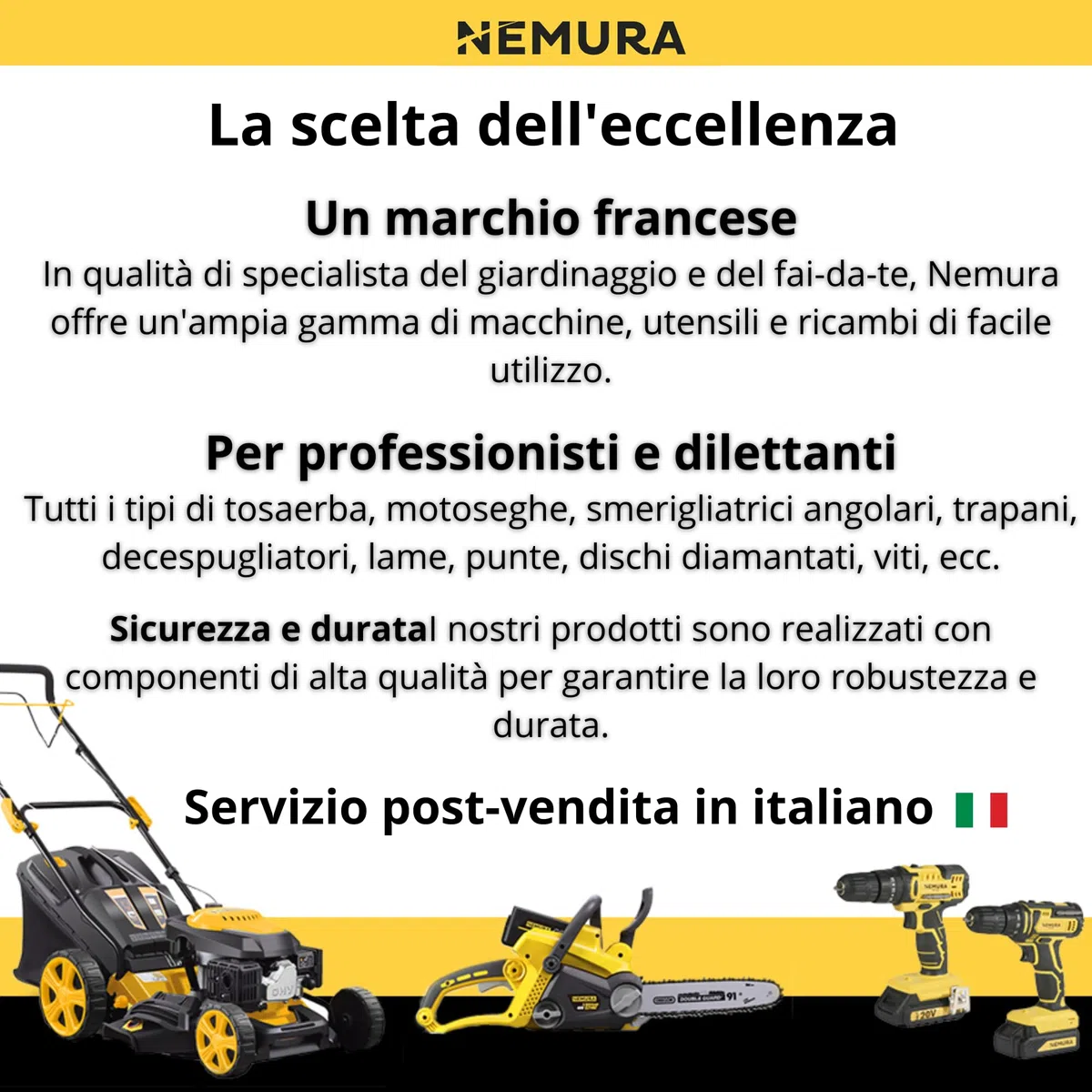 Nemura Decespugliatore batteria 40 V - L: 43 cm + Filo + Lama + 1 Batteria 4 Ah e Caricatore Rapido - Utensili da giardino di qualità - SAC in Italiano