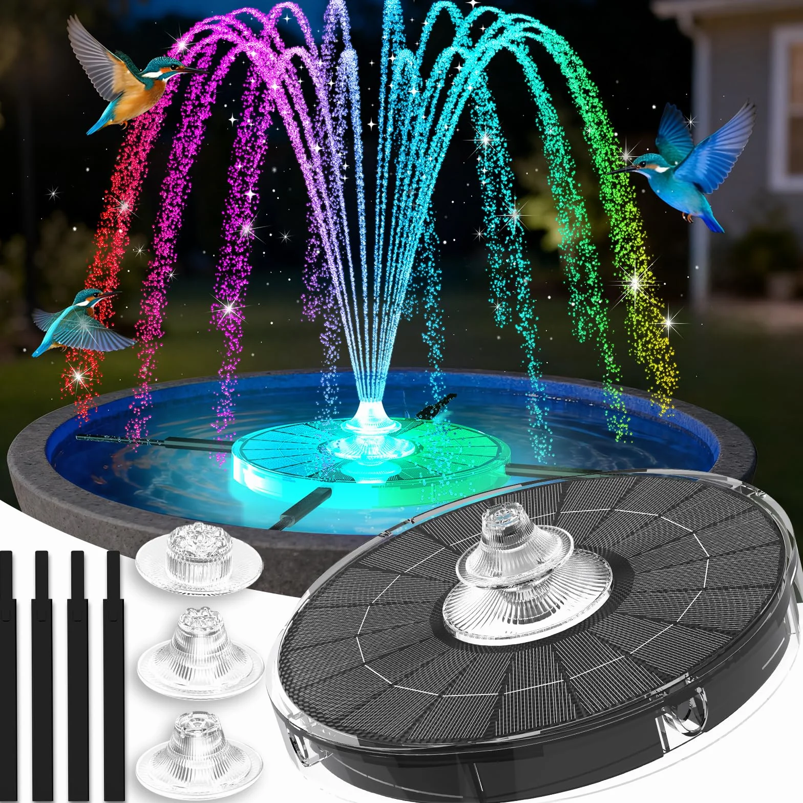 Luxfero 2026 Fontana Solare per Esterno,4000mAh Pompa Solare per Fontana da Giardino con 3 Ugelli,Fontana da Giardino Esterno con LED Luminosi,Fontana Solare per Laghetto Adatto per Giardini,Piscina
