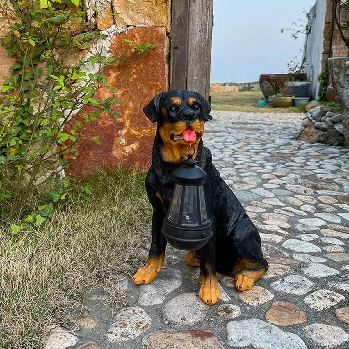 Statua del Cane da Giardino, Ornamento da Esterno con Luce Solare, Statue di Rottweiler in Resina con Lanterna Solare a LED, Regali di Rottweiler per Gli Amanti dei Cani