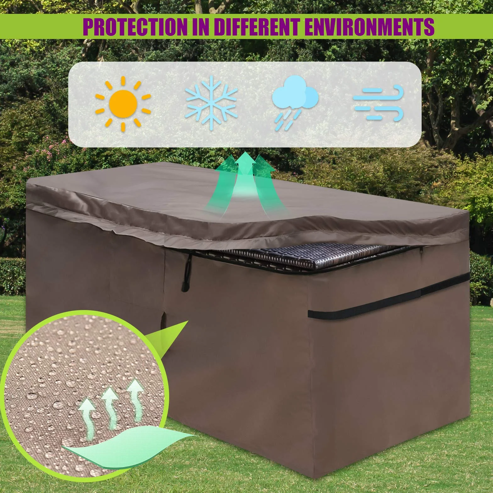 MountainLoc Copertura Per Baule Da Giardino, Telo Di Protezione Per Contenitore da Esterno Con Sfiato E Coperchio Con Cerniera, Impermeabile, 420D Oxford Marrone (157 * 76 * 69cm)