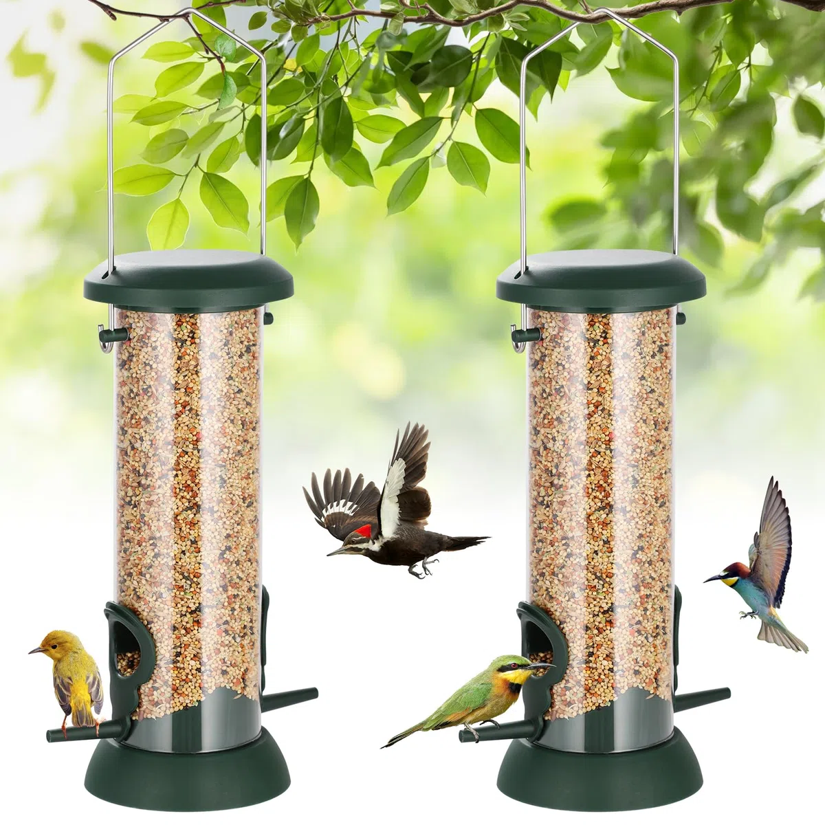 FEED GARDEN Confezione da 2 mangiatoie per uccelli da appendere all'aperto, 4 porte, in plastica rigida di alta qualità, antiruggine, coperchio e base in metallo resistente, idea regalo, 21 cm, verde
