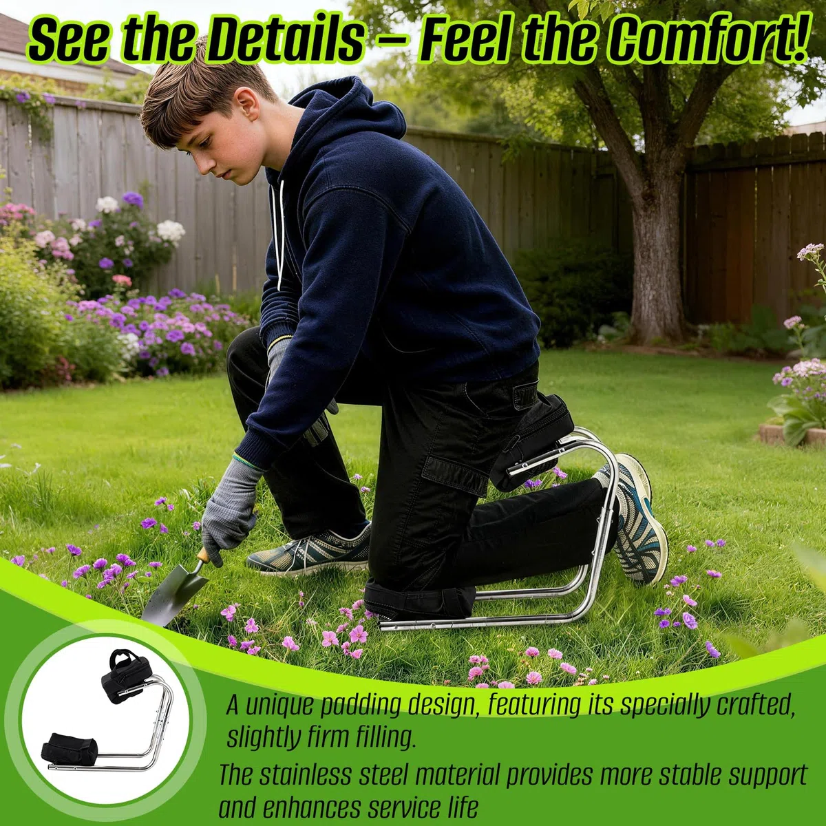 Sgabello da ginocchio, supporto da giardino con funzione seduta, protegge le ginocchia, portata fino a 200 kg, ideale per giardinaggio, lavori edili e usi professionali