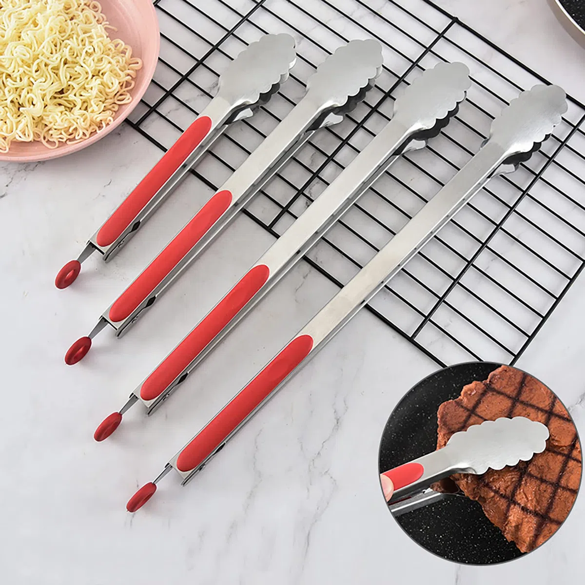 Pinze per barbecue extra lunghe da 45cm (3 pezzi, rosso), in acciaio inox con manico lungo, pinze per alimenti di grandi dimensioni, pinze per bistecche, per cucinare, grigliare, barbecue