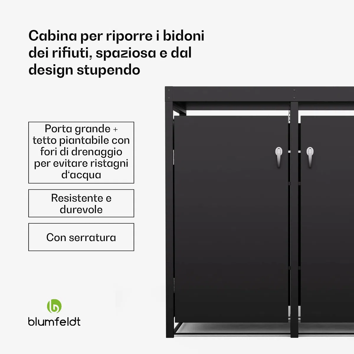 Blumfeldt BinSafe - Copri Bidone della Spazzatura –Acciaio Zincato Resistente, 2 Sportelli & Tetto a Fioriera, Adatto a Bidoni 60L/120L/240L, Serratura a Chiave, Design Moderno, Copribidone da Esterno