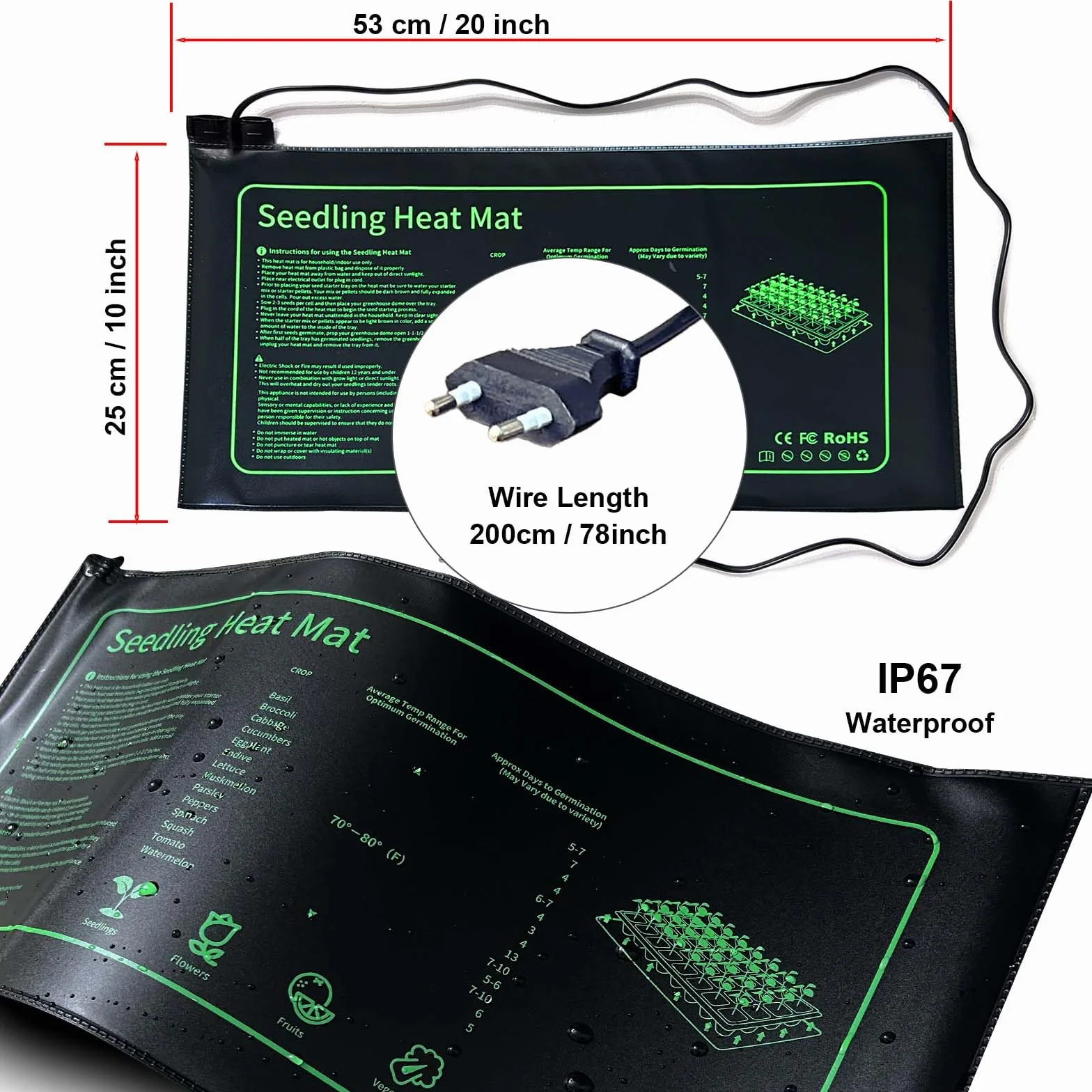 Tappetino riscaldante per Piante in grafene, per piantine germinazione, IP67, Impermeabile, 20 W, Temperatura 20 W, per la Coltivazione di Serra o growbox (53 x 25 cm, con termostato)