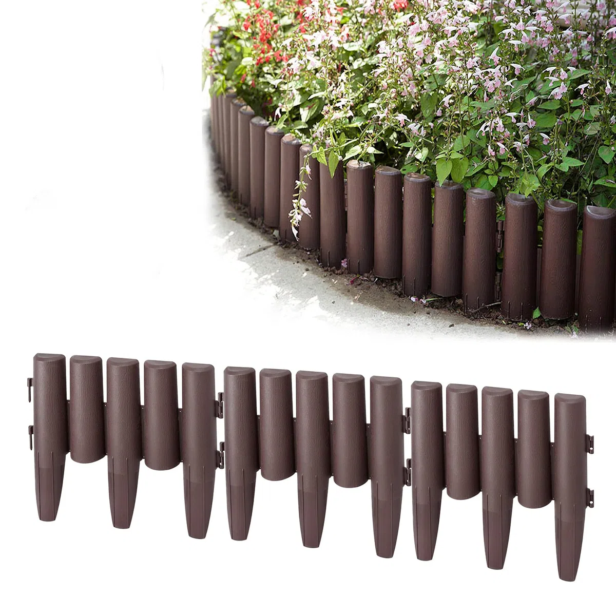 YUENFONG Palizzata Recinzione, bordo in plastica effetto legno, giardino cordoli palizzate, terrazzo balcone decorativo, 1 elemento, (L x H): 28cm x 24cm, 14m, 50 pezzi.