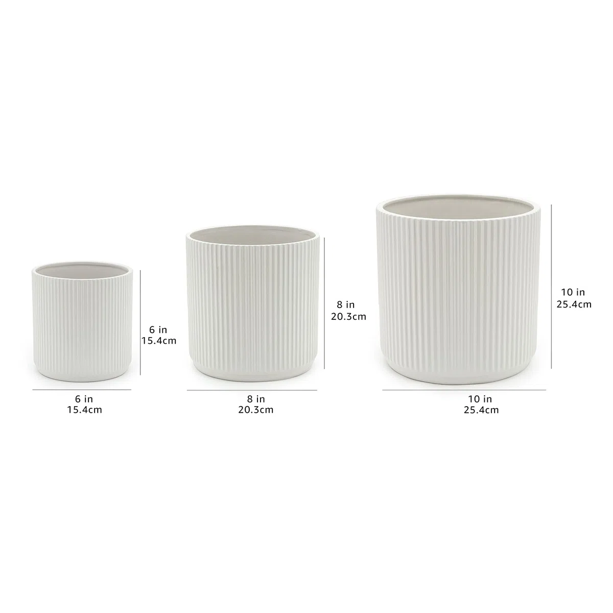 Amazon Basics Vasi in ceramica scanalati Rotondo di dimensioni assortite, , set da 3, bianco, 15.2 cm, 20.3 cm, 25.4 cm