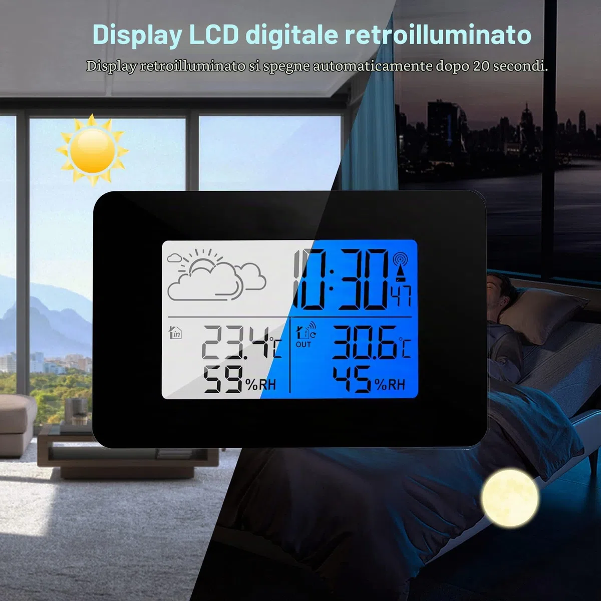 eMylo Stazione Meteo Radio con sensore Esterno, Termometro Digitale LCD Ambiente Interno Esterno - Igrometro Umidità con Retroilluminazione e Previsioni Meteo per Casa Camera da letto Giardino