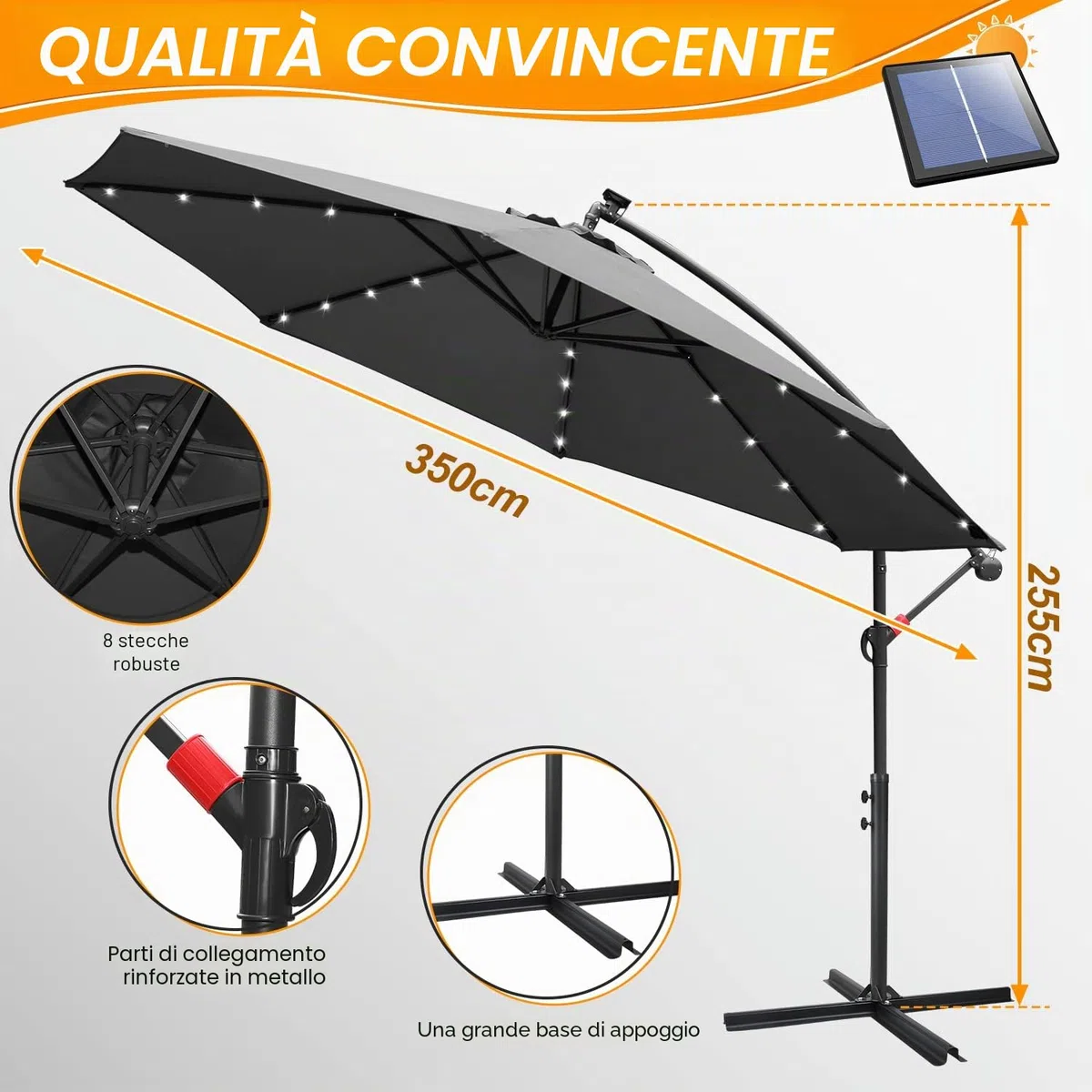 Fiqops Ombrellone LED a energia solare, Ø 350 cm, con manovella, in alluminio, con supporto, protezione solare, protezione dai raggi UV, in alluminio, per il mercato, impermeabile per il giardino