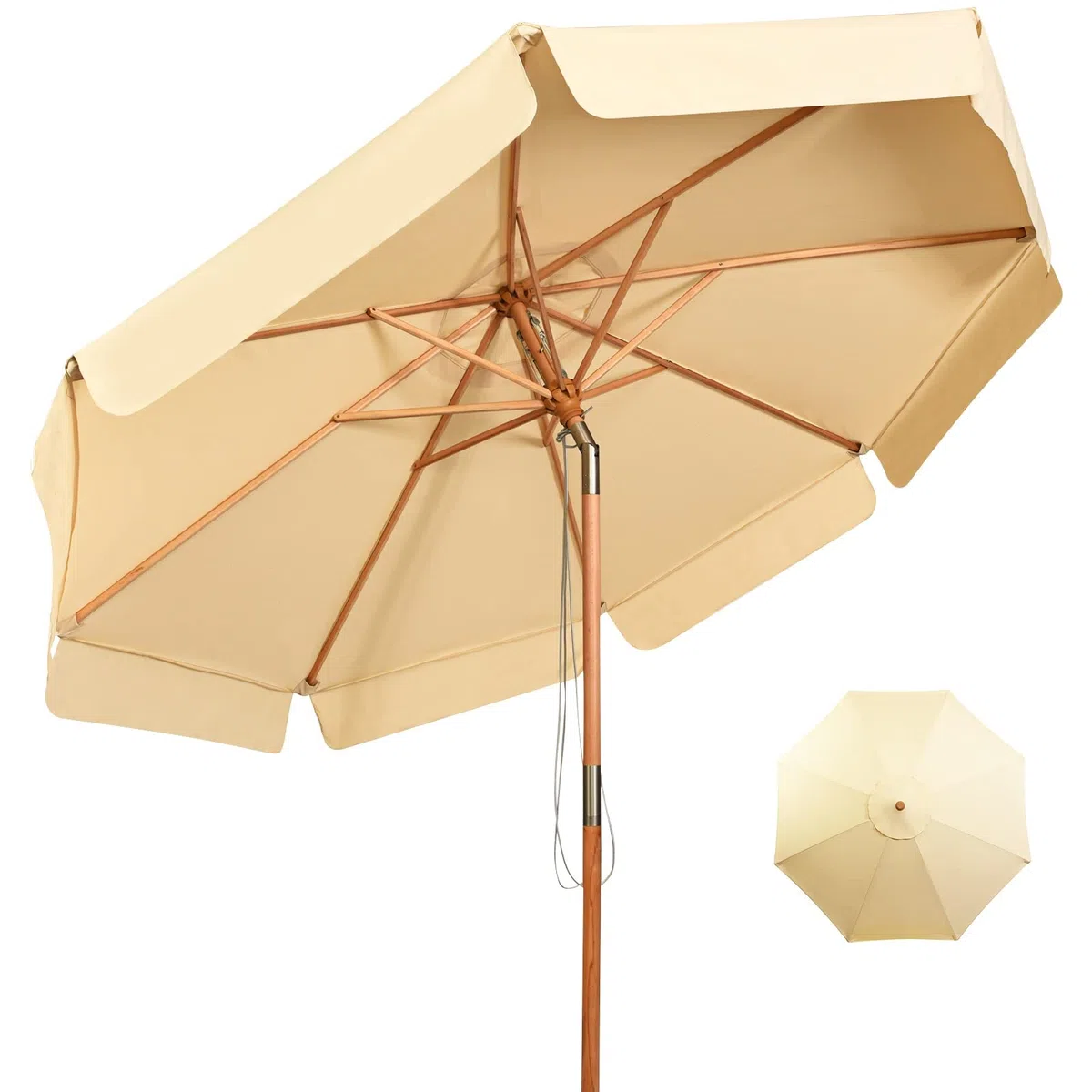 RELAX4LIFE Ombrellone da Giardino 3 x 3 M Rotondo, Ombrellone da Esterno con Tela Impermeabile e Anti-Sole, Struttura in Legno, Altezza e Inclinazione Regolabile (Beige)