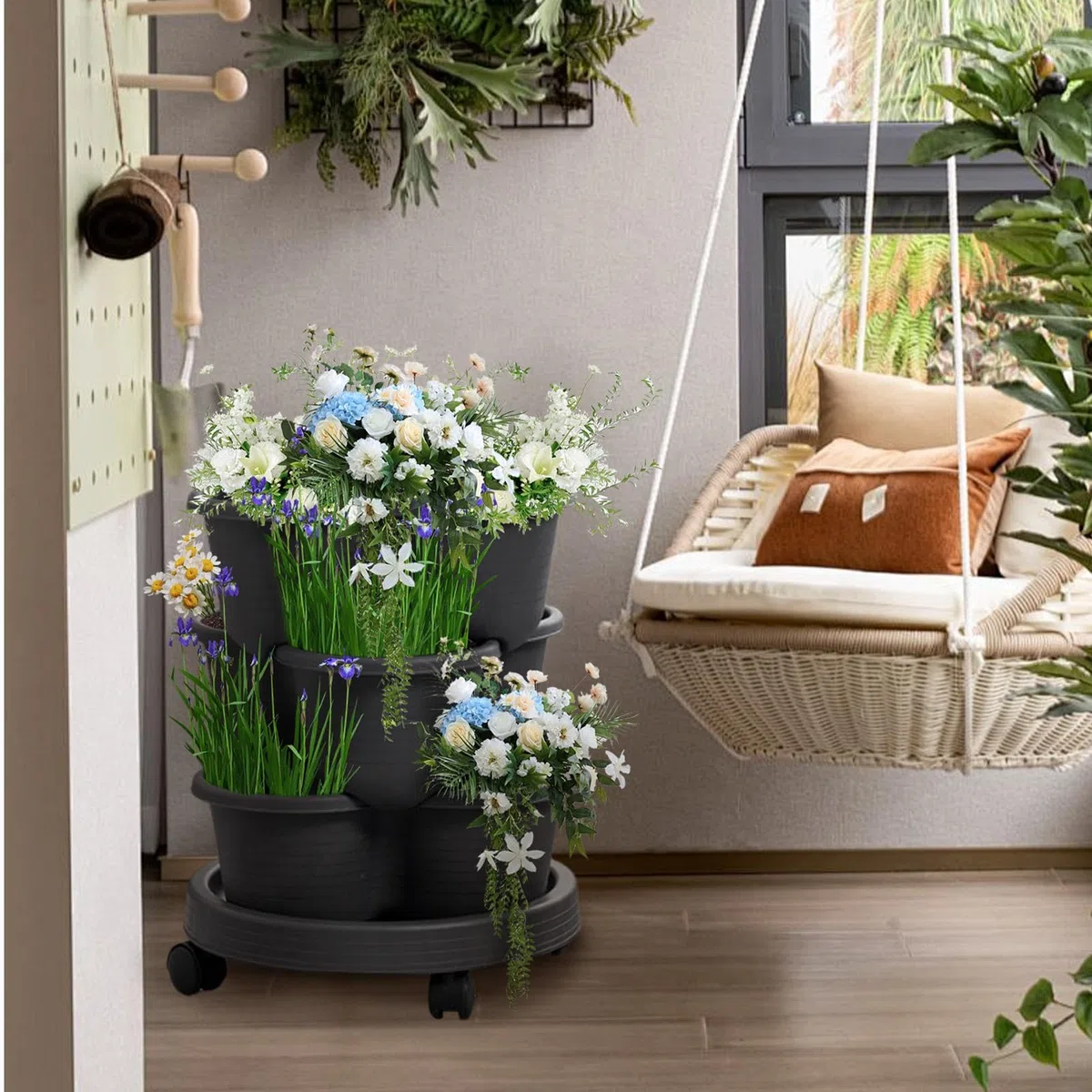 Fioriera impilabile per fragole, vaso verticale con di auto-irrigazione, multi-livello salvaspazio con ruote (31,4 x 13,5 cm), per verdure, fiori, piante grasse | Fioriera A Torre Da Giardino Per Uso Interno per Giardinaggio e Coltivazione in Casa Interno