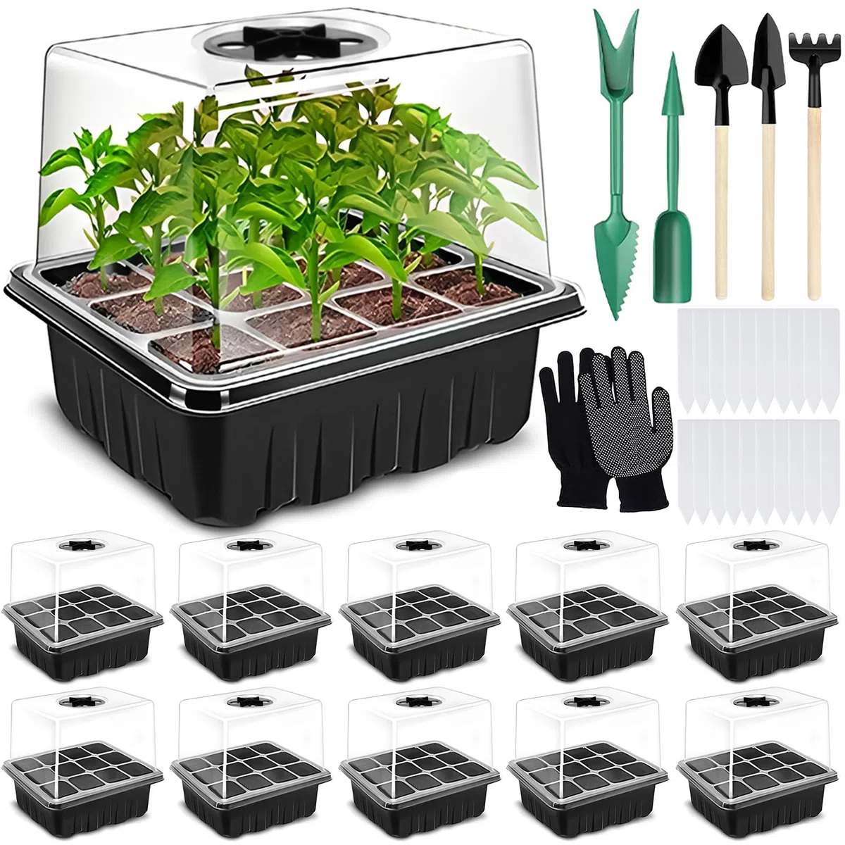 Vassoi per Semi,10 Pack 120 Cells Propagator con Coperchi Rialzati,Vassoi Seminacon finestra regolabile,20 Etichette,3 Pale,2 Strumenti,Guanti,Strumento di Coltivazione in Mini Serra