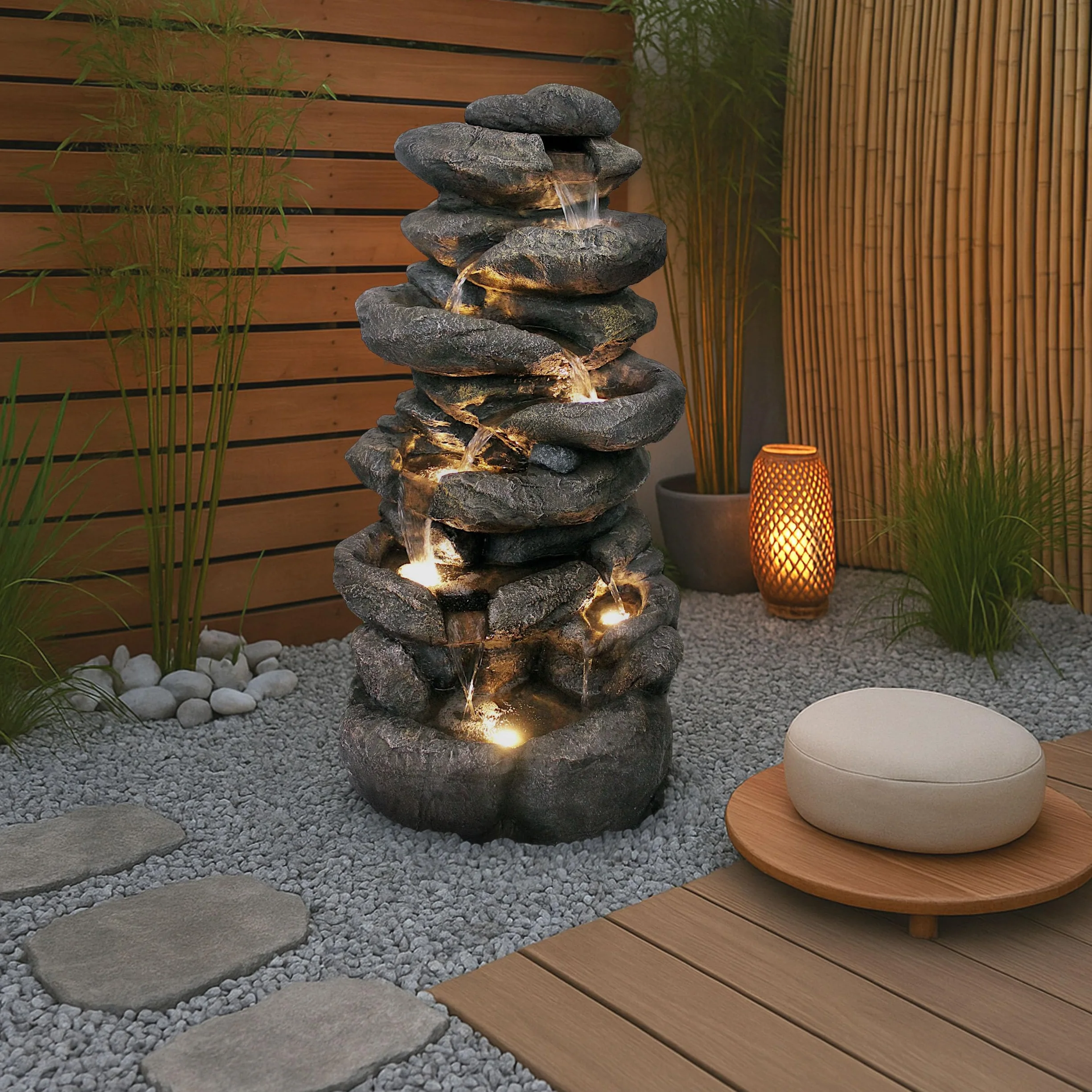 Grande Fontana da Giardino BK902 con Illuminazione LED, Fontana a Cascata in Stile Roccia, Grande Decorazione da Giardino, Aspetto in Pietra, 100 cm