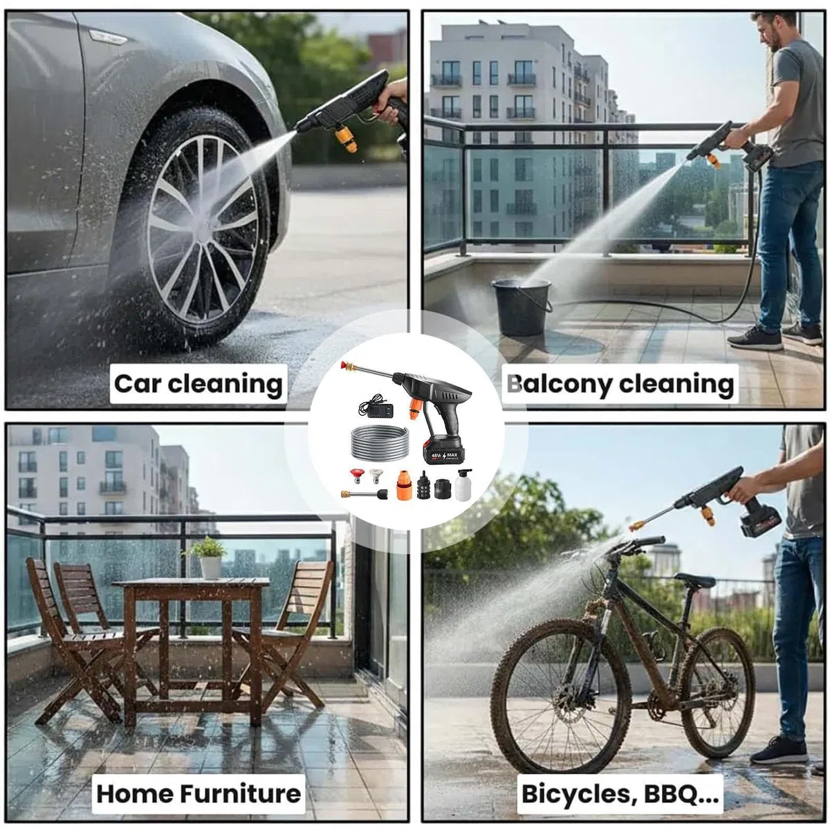 Idropulitrice ad Alta Pressione con Avvolgitubo da 5 m Ricaricabile | Idropulitrice Portatile per Pulizia Per Veicoli, Biciclette, Interni, Esterni, Casa, Mobili, Balcone, Cortile, Giardino,