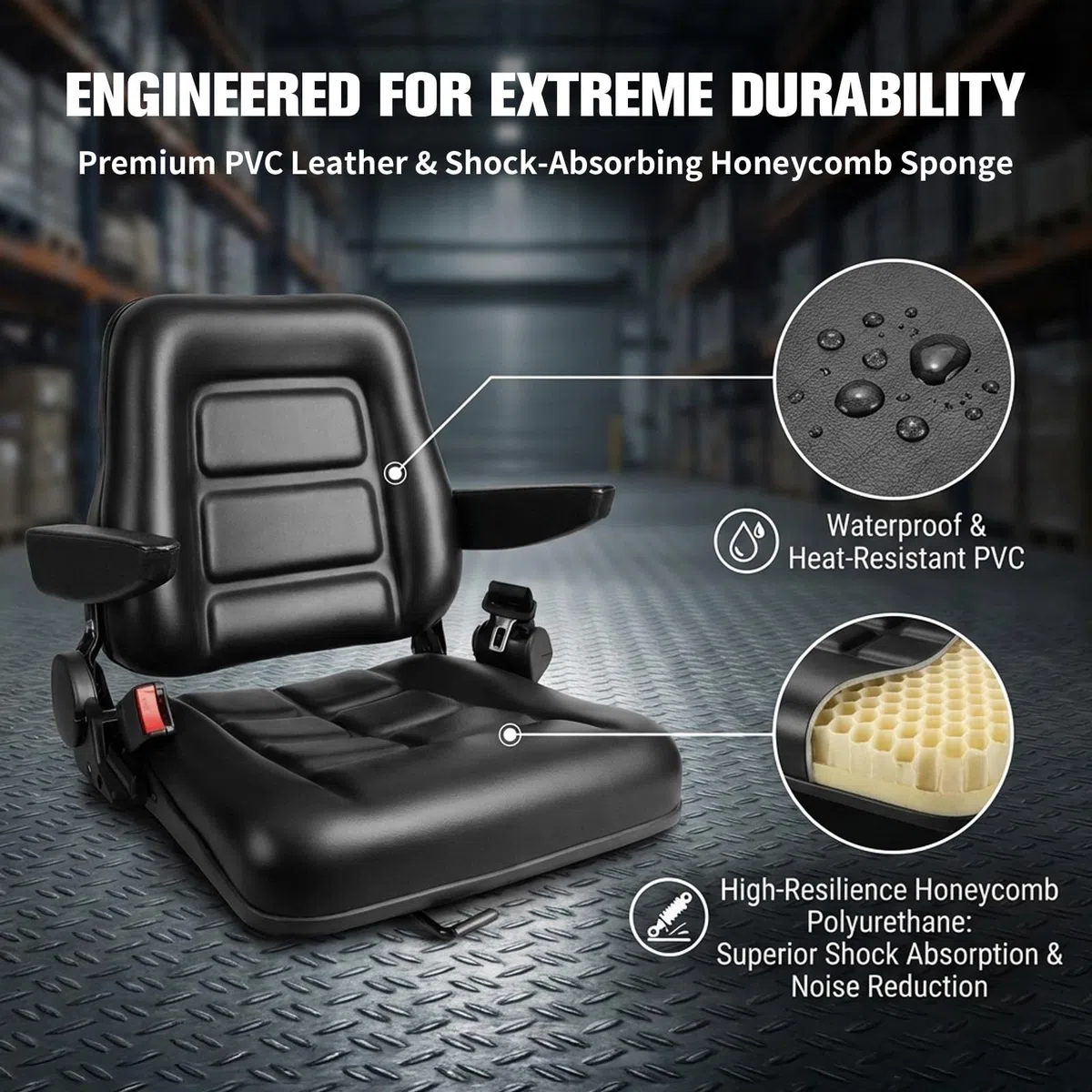 Sedile universale per carrello elevatore, sedile per carrello elevatore, sedile in PVC con cintura di sicurezza, schienale regolabile, imbottitura ergonomica, sedile trattore pieghevole per carrelli