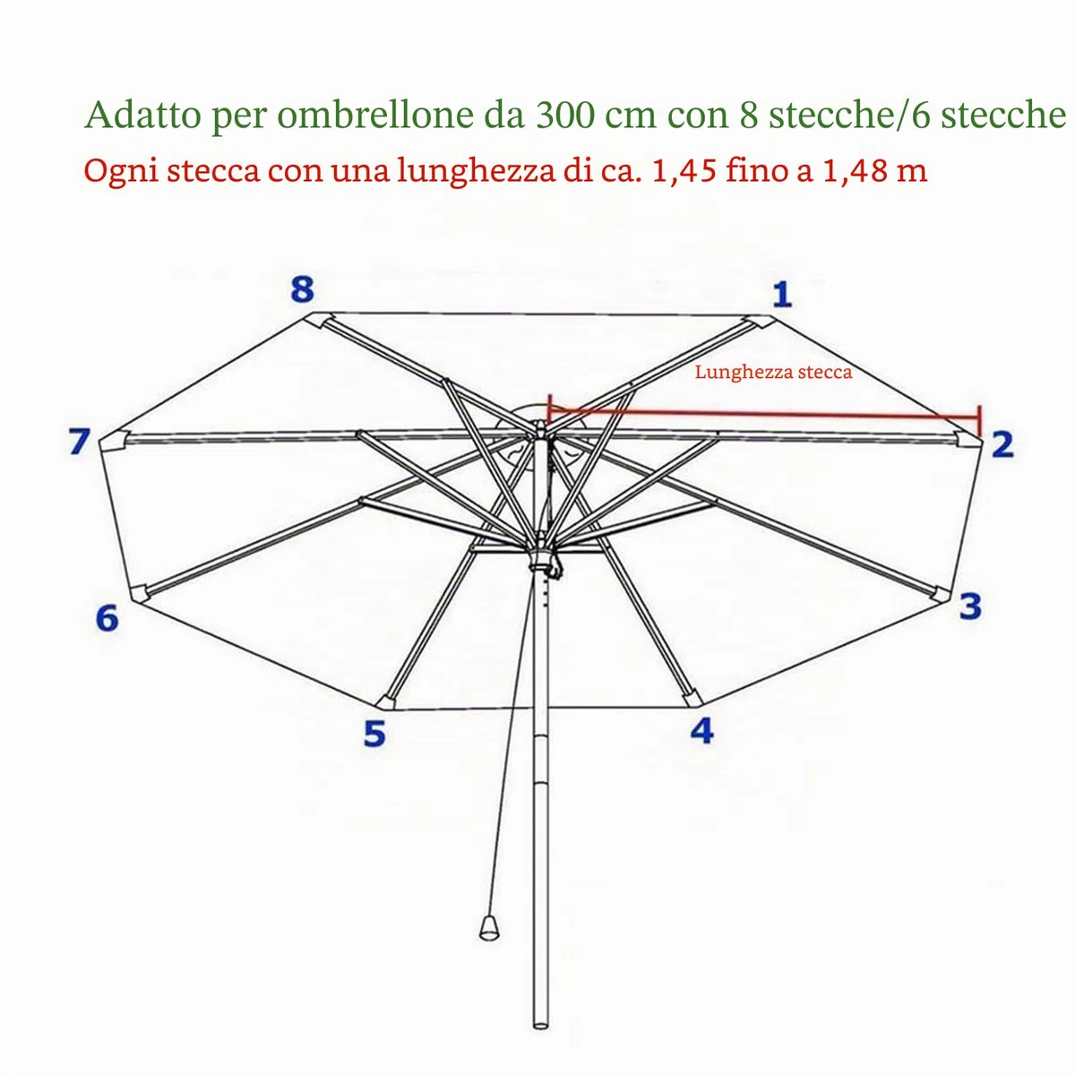 Copertura di ricambio per ombrellone 3 m/270 cm/2 m/230 cm/250 cm, 8 montanti/6 montanti, antracite/blu/grigio/rosso/beige, ombrellone in tessuto protezione UV 80 resistente al vento