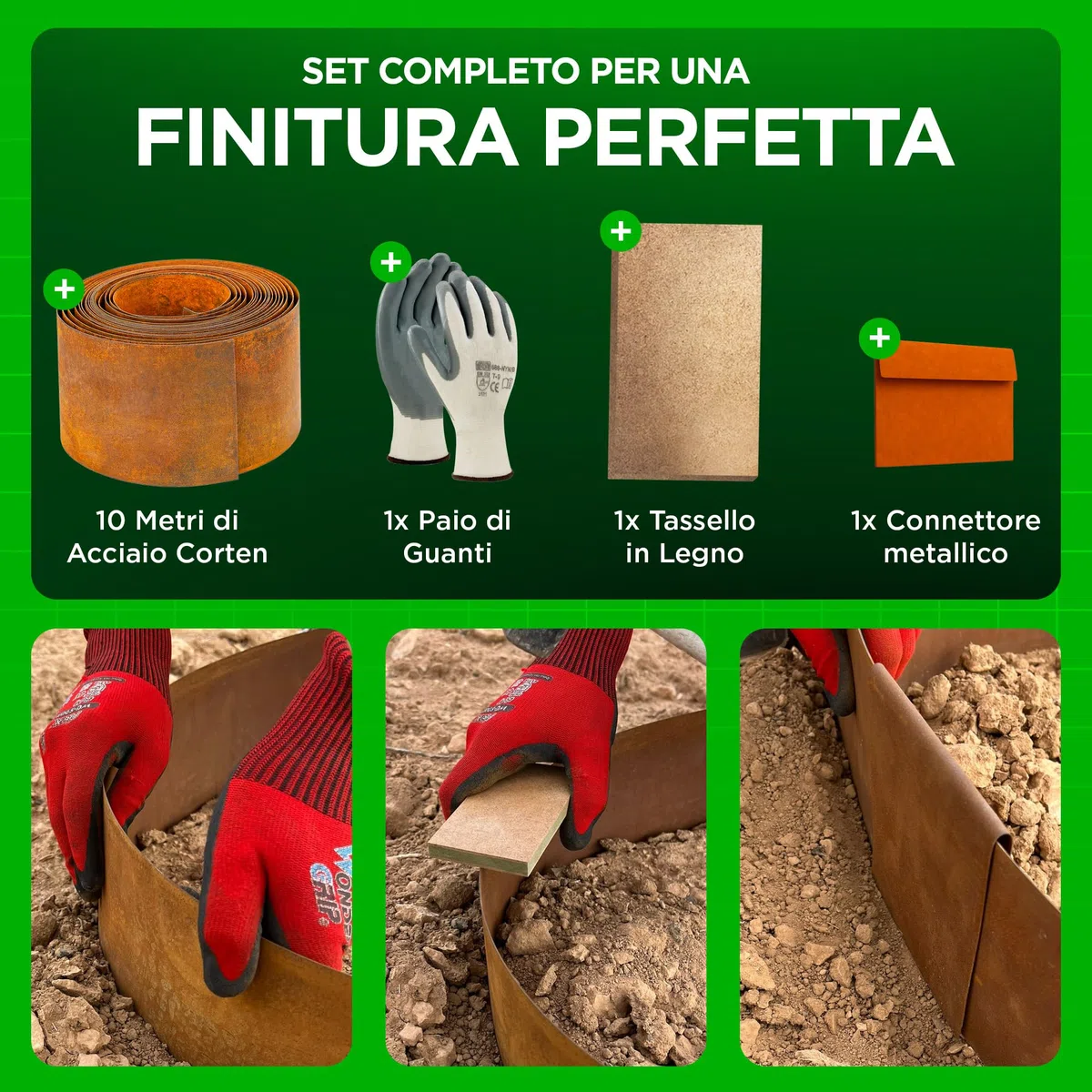Bordura Corten per Giardino 10 Metri | Bordura per Aiuola Esterno 14 cm Altezza | Design Flessibile e Facile da Installare | Include Guanti, Blocco in Legno, Connettori ed eBook con Istruzioni