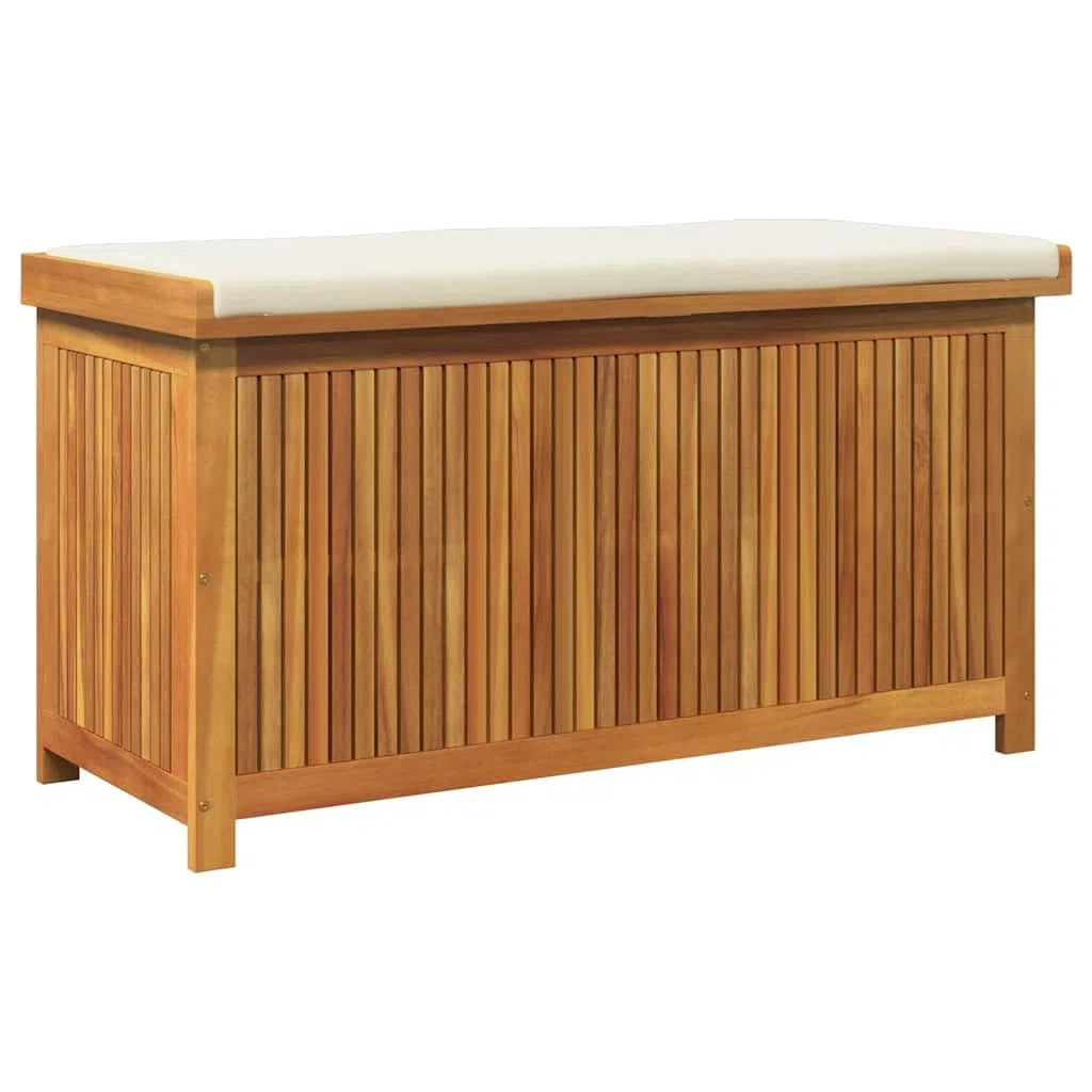 Scatola per cuscini esterni in acacia massiccia, 113 x 50 x 60,5 cm | Stoccaggio da giardino, borsa impermeabile integrata, doghe aperte, coperchio antipolvere