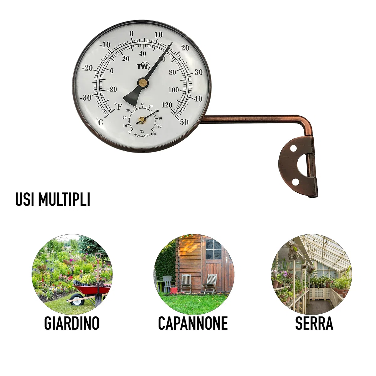 Termometro igrometro da esterno in ottone con elegante design del quadrante, termometro da giardino adatto per misurare temperatura esterna e umidità, per parete, serra, garage, braccio oscillante per