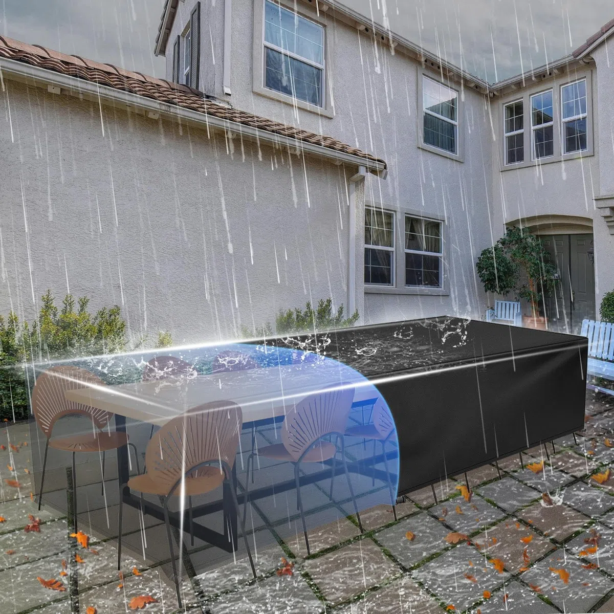 Coperture per Mobili da Giardino Copritavolo da Esterno Impermeabile 195x60x75cm/LxPxA Copertura Tavolo Esterno Mobili da Giardino, 420D Oxford Esterno Anti-UV Antivento Mobili Esterno Copritavolo