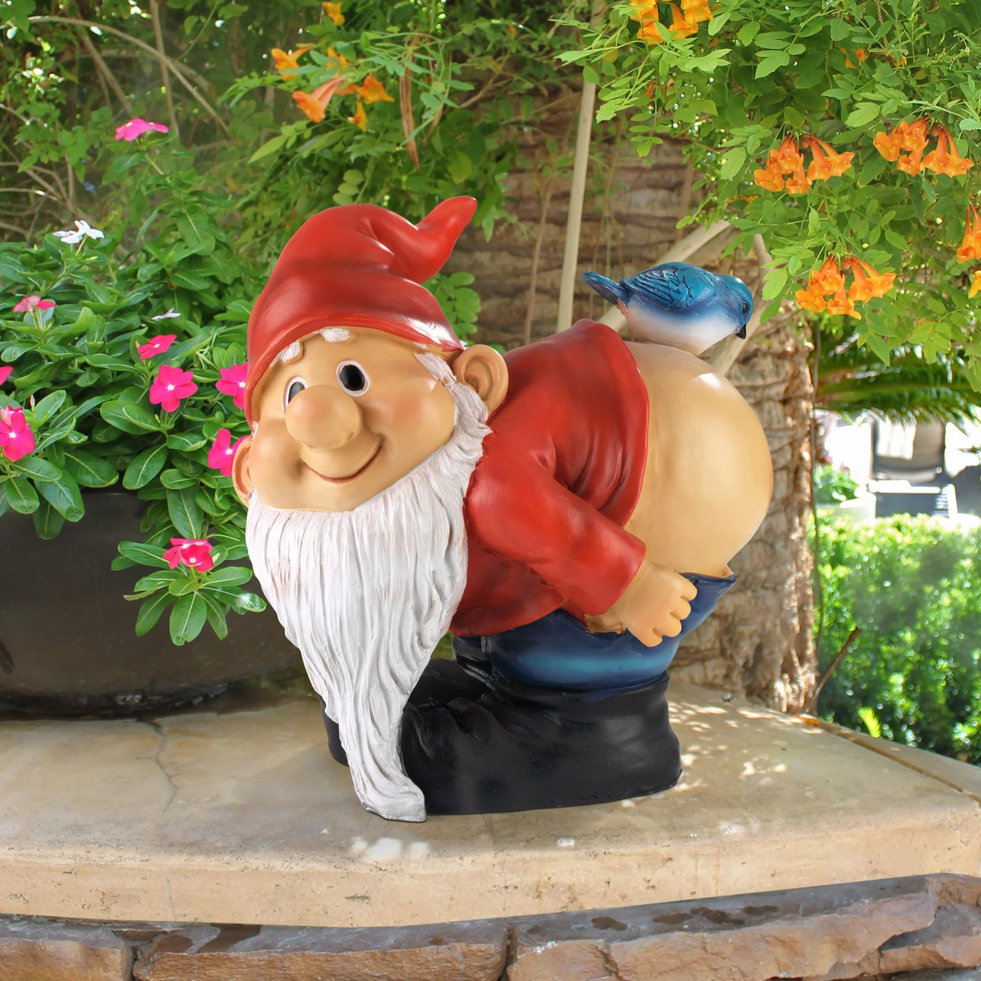 Design Toscano Loonie Moonie con le natiche al vento Statuetta Gnomo da giardino, poliresina, a colori, Media 20,25 cm