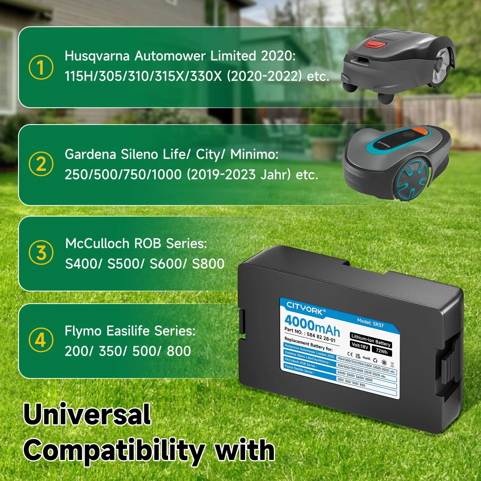 CITYORK Tosaerba Batteria per Gardena Sileno Smart City/Smart Life/Minimo: 250/500/750/1000/1250 (2019-2023), per Husqvarna Automower Limited Edition 2020: 115H 305 310 315 315X (anno 2020-2022)