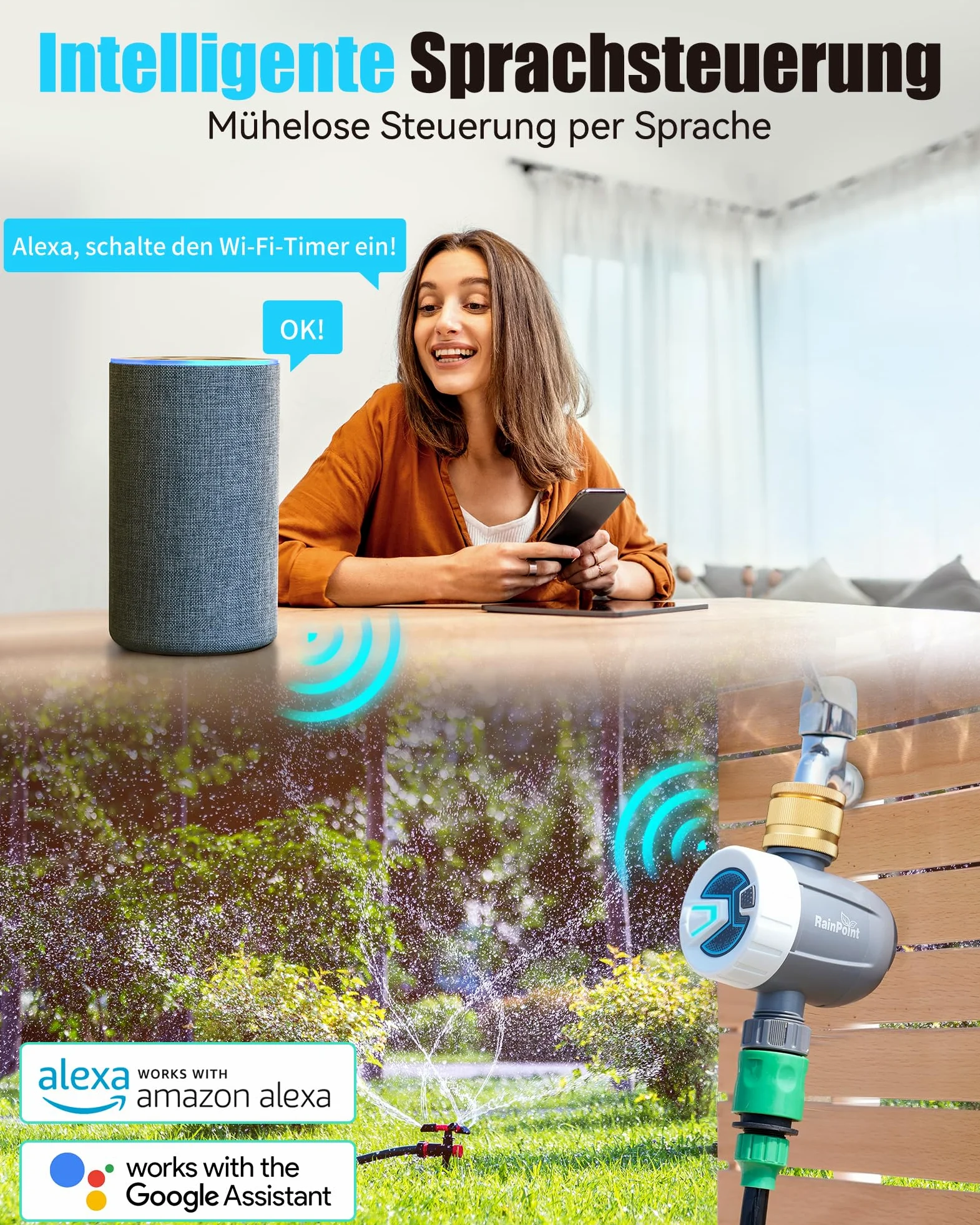 RAINPOINT Centralina Irrigazione WiFi, Computer Irrigazione Automatica con Ingresso in Ottone, Telecomando Smart APP Tramite WiFi 2,4 GHz o Bluetooth, Timer Irrigazione Wifi per Prato Giardino