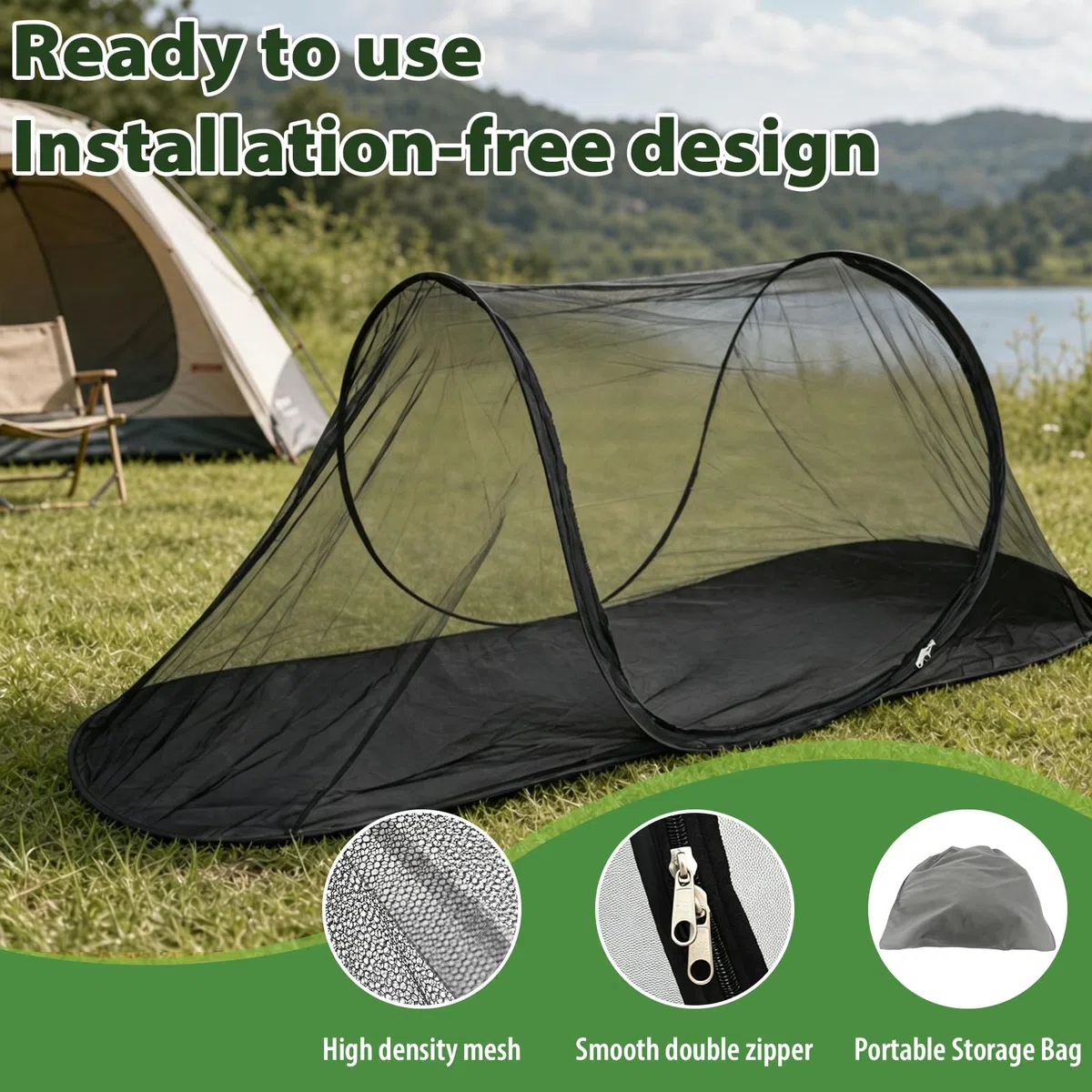 Tenda Zanzariera da Esterno, FainFun Rete Zanzariera Letto Portatile, Mosquito Net Pop-Up, per i viaggi, il Campeggio e la Casa (1, Nero, 200 x 100 x 73 cm)