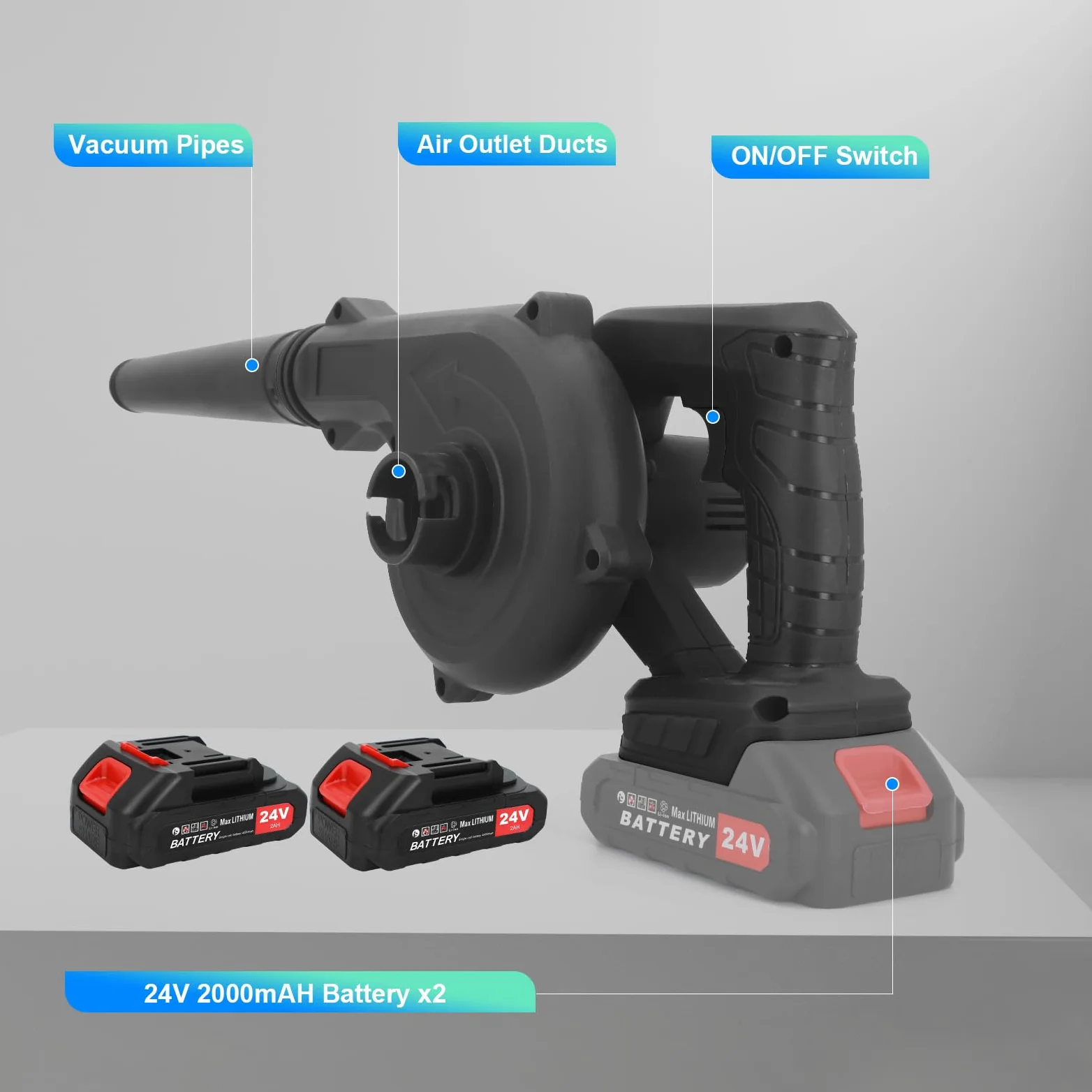 Soffiatore a Batteria Senza Fili 24V – Motore Brushless, 2 Batterie 2000mAh Incluse + Caricabatterie – Leggero e Portatile, per Giardino, Terrazza, Garage, Neve, Polvere e Peli di Animali(Nero)