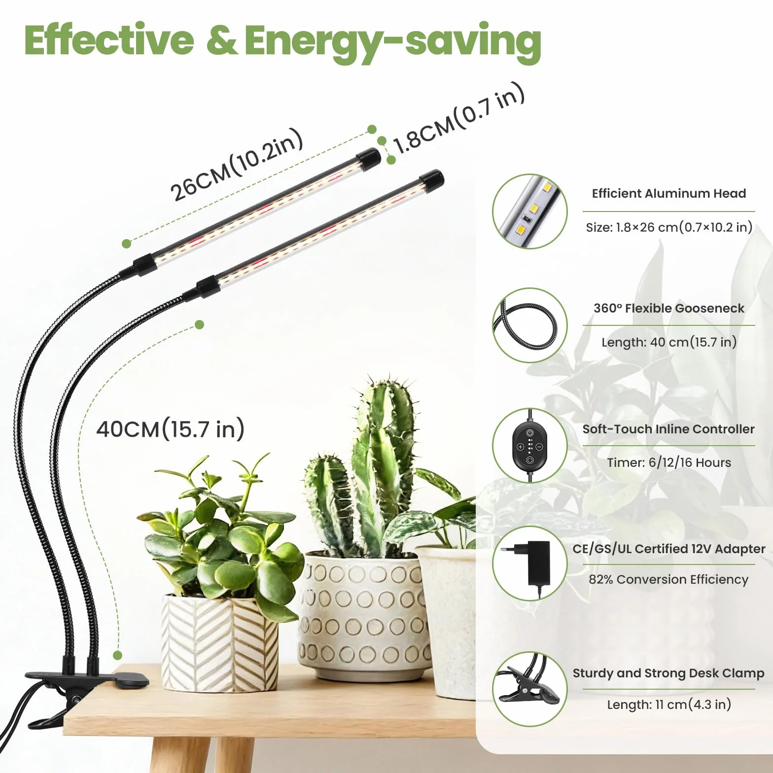 Lampada LED per Piante da Clip 12V, spettro completo con rosso 660nm potenziato, timer e dimmer, PPFD alto 160 µmol/s/m²@15cm, 10W luce di crescita ideale per coltivazione piante indoor.