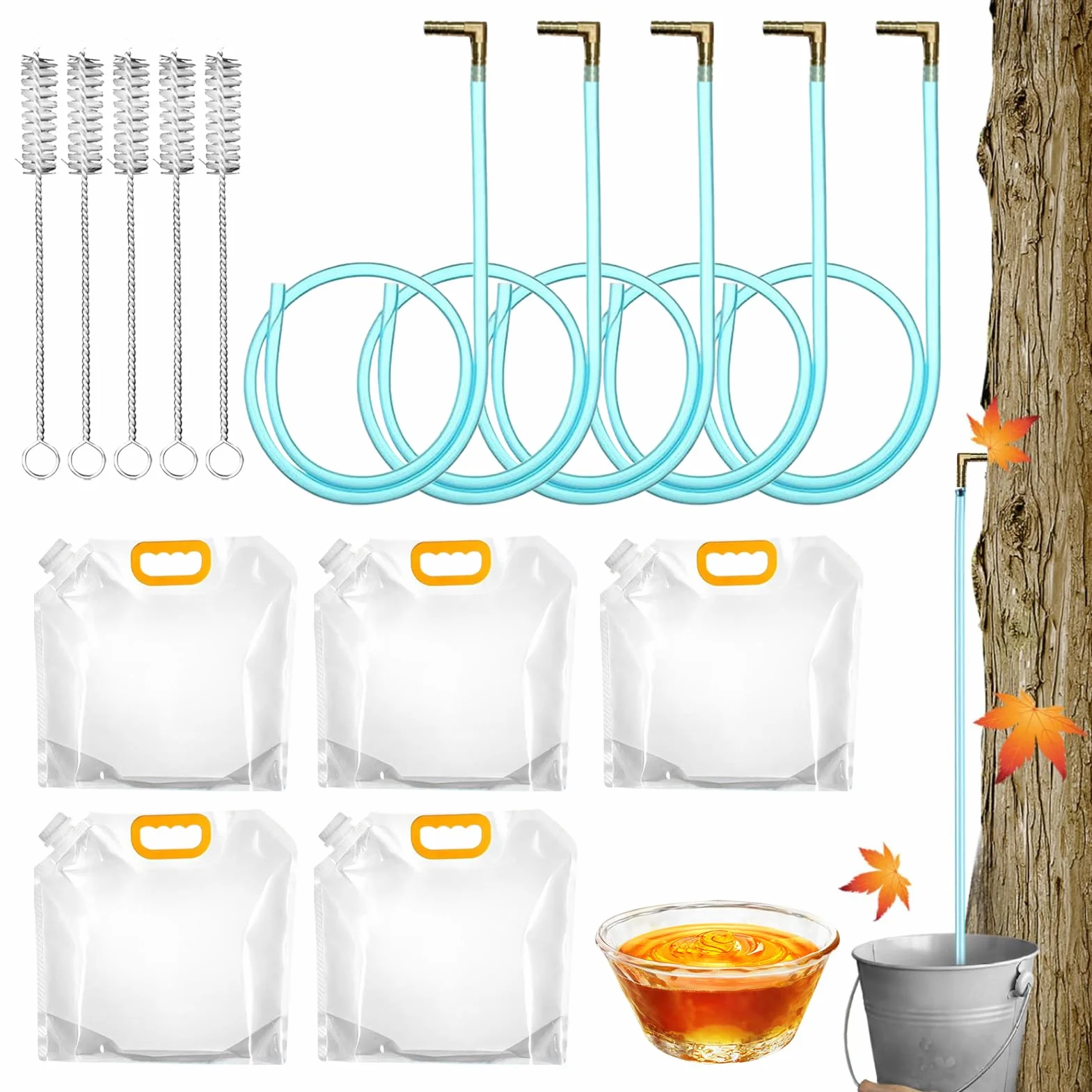 Kit Spillatura d'Acero Sacco di raccolta Trapano Cannelli Spazzola | 5 Spillatori 5 Rubinetti 5 Spazzole 5 per raccolta, filtrazione e produzione biologica e domestica