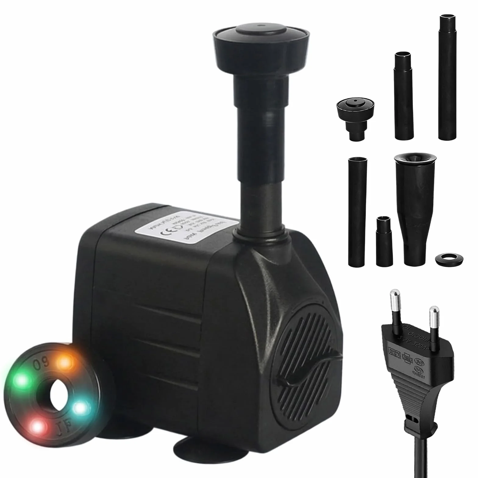 Pompa per fontana, 600 l/h, 15 W, per esterni, 220 V, 3 in 1, con 4 LED, pompa da giardino, fontana, pompa per giochi d'acqua, pompa per ruscello, fontana per giardino, stagno, fontana