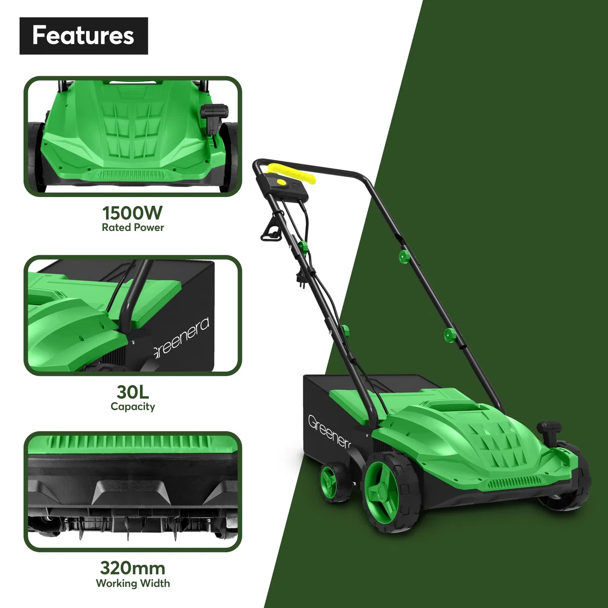 Scarificatore elettrico da 1500 W, 1500 W, rastrello per prato, 30 l, larghezza di lavoro 32 cm, 4 altezze di scarificazione regolabili, 2 rulli intercambiabili, manici pieghevoli, lunghezza cavo 10 m