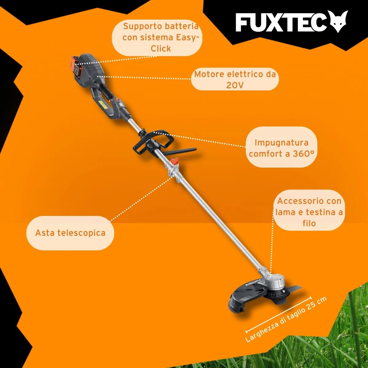 FUXTEC Decespugliatore a Batteria 2x20V FX-E2MSSET - Con 2xBatterie e Doppio Caricatore - Larghezza di Taglio 25,5-35cm, Lama e Filo, 10kg, Fino a 6000 giri/min