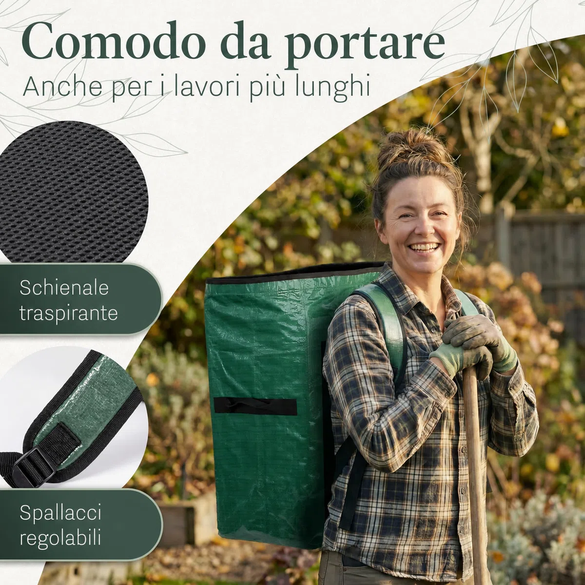 Sacco per Rifiuti da Giardino 115 L – Mani Libere, Autoportante | Mani libere col sistema di trasporto a zaino imbottito | 115 L | autoportante e riutilizzabile | tessuto PP resistente