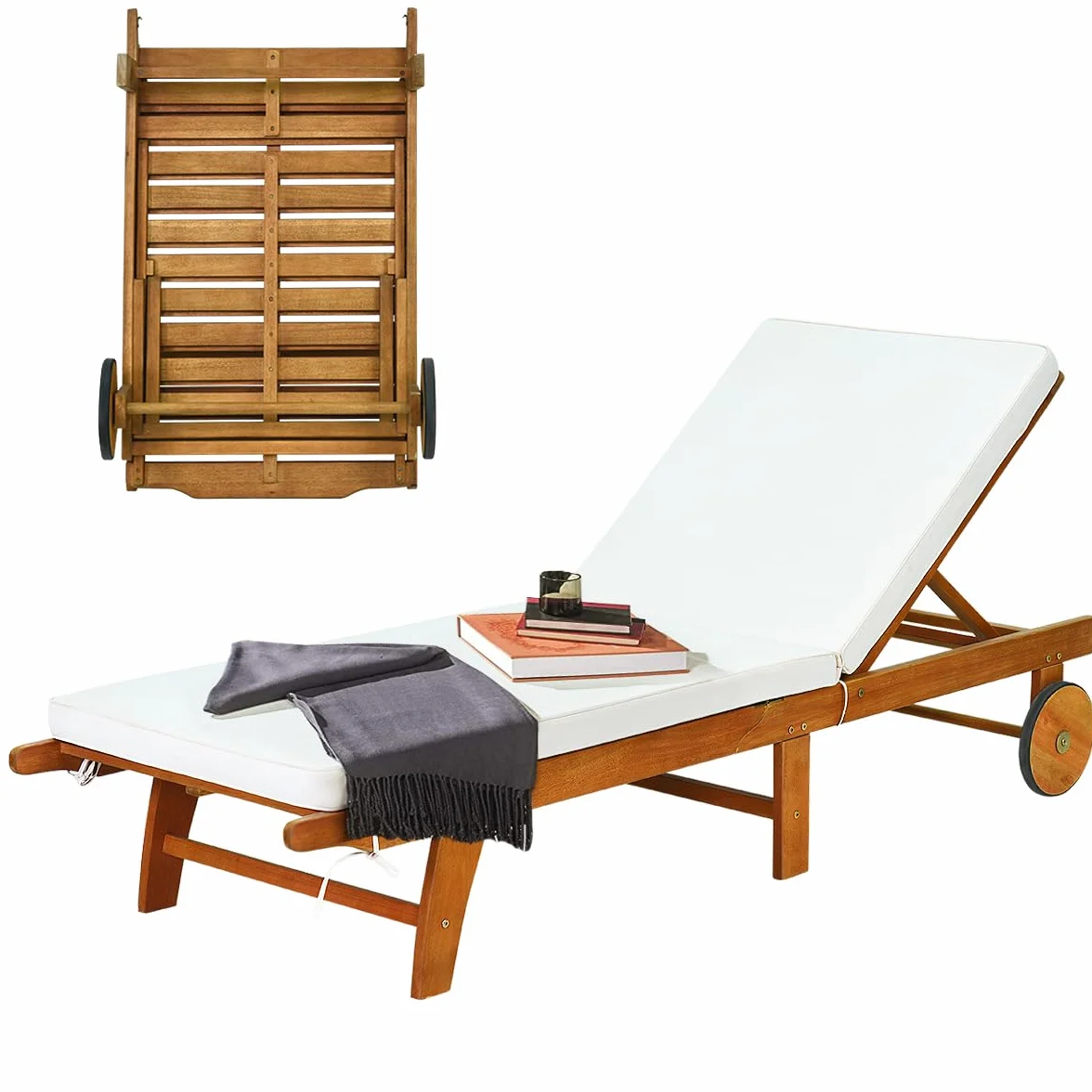 KOMFOTTEU Lettino Prendisole con Schienale Regolabile, Sedia Sdraio in Legno di Eucalipto, Sdraio dav Spiaggia con Cuscino e 2 Ruote, Portata fino a 160 kg, Natura e Beige, ‎195 x 68 x 30-90 cm (1)