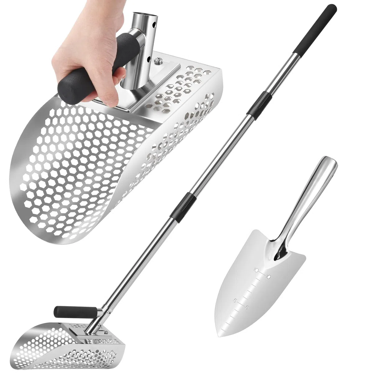 GADFISH Paletta per sabbia con manico lungo, in acciaio inox resistente, con manico lungo, paletta portatile con manico lungo in acciaio, ideale per la caccia al tesoro sott'acqua