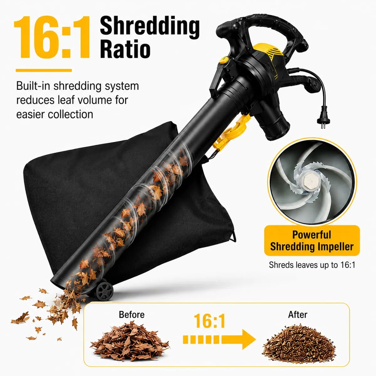 Aspirapolvere e mulcher elettrico del soffiatore della foglia 3800W | Con cavo, sacchetto di raccolta da 40 l, rapporto di triturazione 16:1, aspirapolvere da giardino