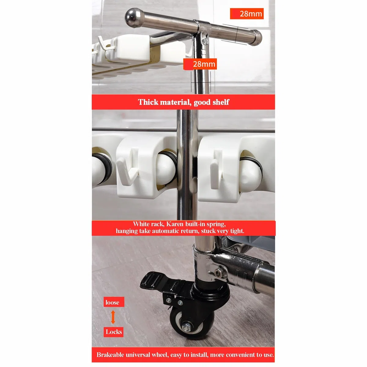 Carrello portautensili da pavimento per scopa e mocio, resistente, con grandi ganci per capannone, cortile, garage, grigio, 20 pezzi